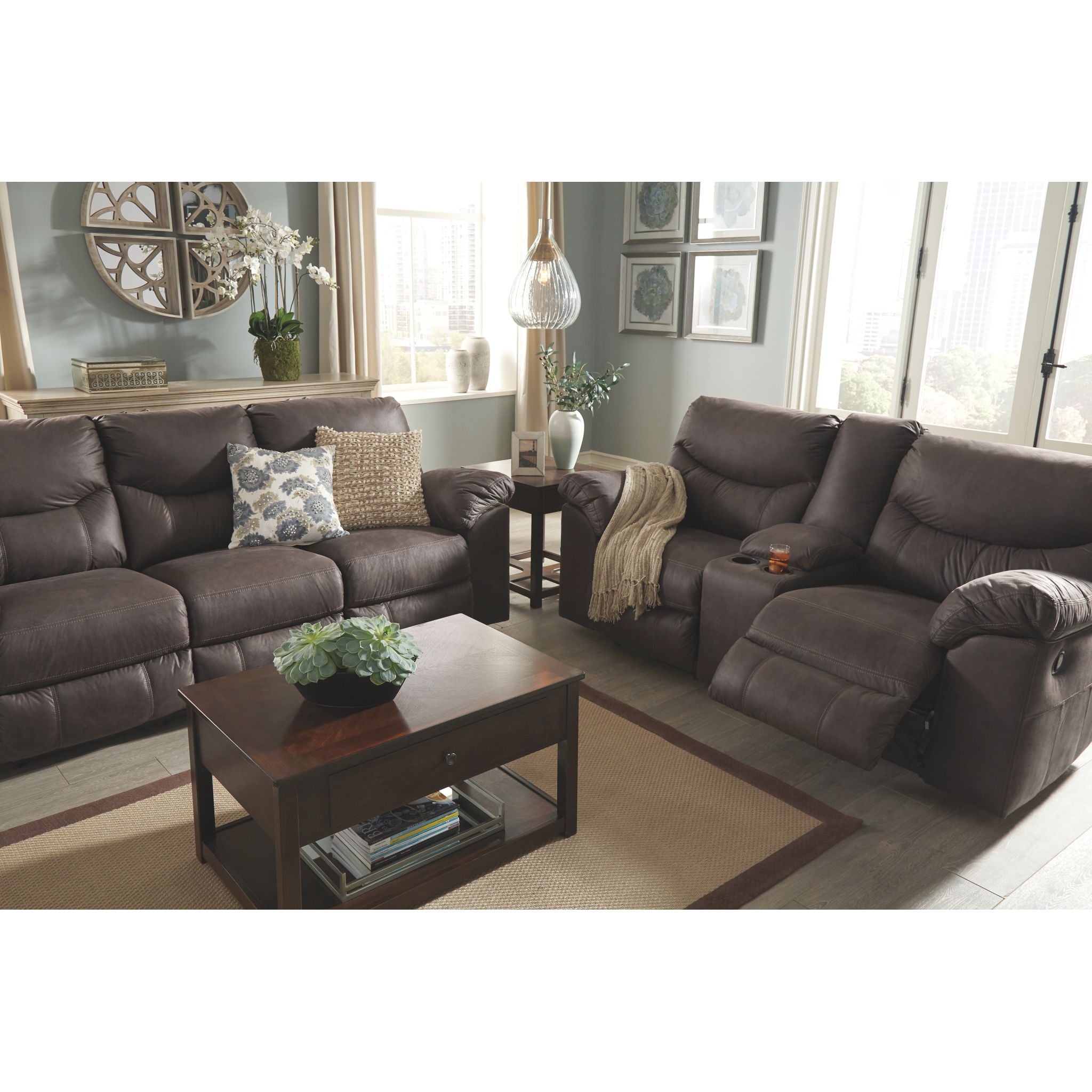 Boxberg Power Reclining Loveseat with Console - Teak Brown Modern Recliner Sofa for Living Room, Home Theater & Small Spaces - USB Charging & Cup Holders