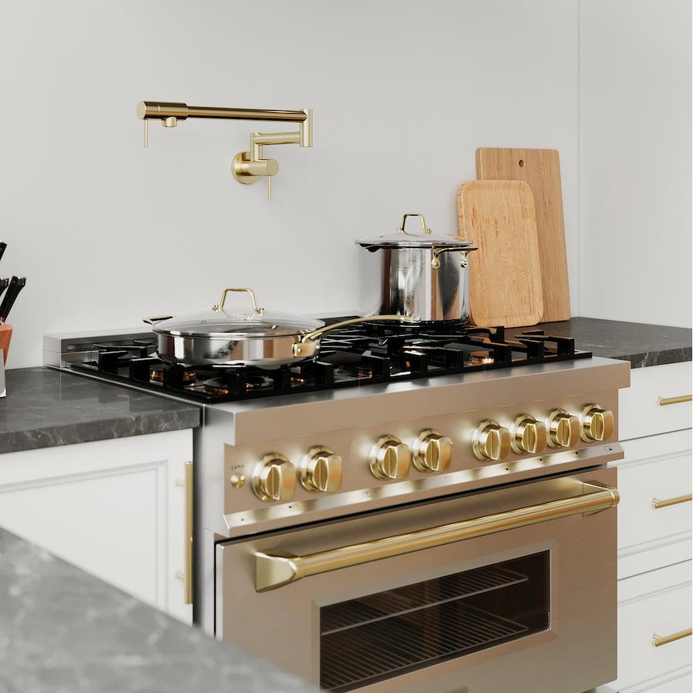 ZLINE Gemini Pot Filler Faucet in Polished Gold - Wall Mounted Commercial Style Kitchen Faucet for Cooking, Filling Pots & Pasta Making (GEM FPF PG)