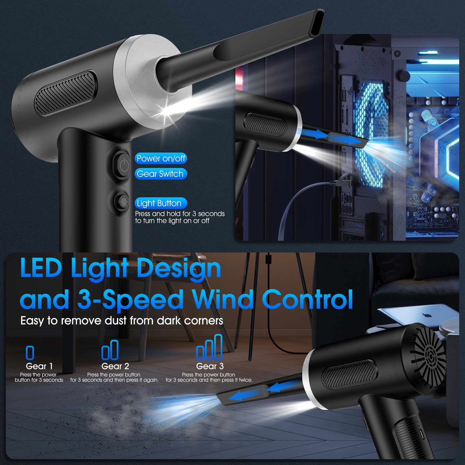 Rechargeable Electric Air Duster - 100,000 RPM High-Speed Compressed Air Blower for Computers, Keyboards & Electronics | 3-Speed Adjustable, LED Light, 8-Piece Cleaning Kit | Perfect for PC Maintenance, Dusting Electronics & Car Detailing