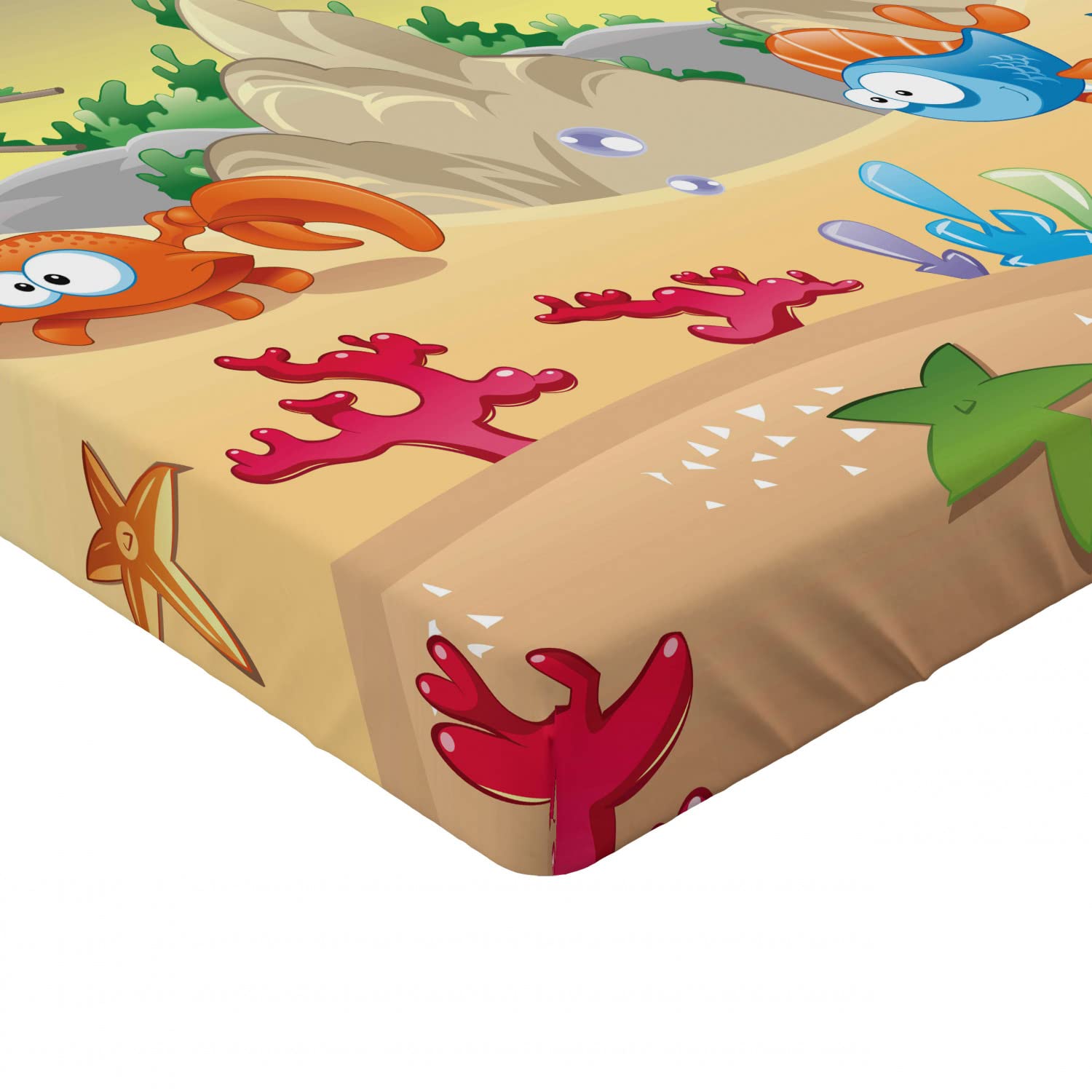 Ambesonne Underwater Fitted Sheet - Cartoon Sea Animals, Fish, Sunken Ship & Coral Reef Design - Deep Pocket Elastic Twin Size Bed Sheet - Perfect for Kids' Rooms, Ocean Themed Bedrooms & Nautical Decor