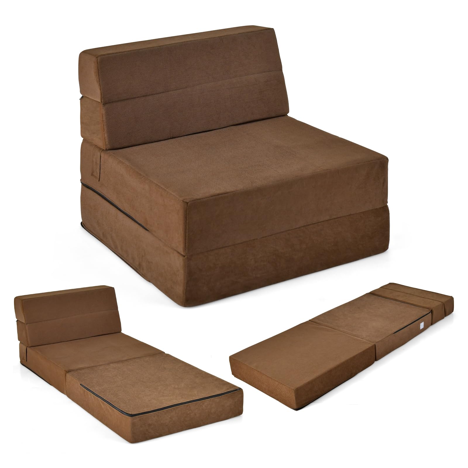 Casart Tri-Fold Sofa Bed - Portable Folding Foam Sleeper with Washable Cover, Guest Chaise Lounge & Padded Cushion - Coffee Color - Perfect for Small Spaces, Guest Rooms & Apartments