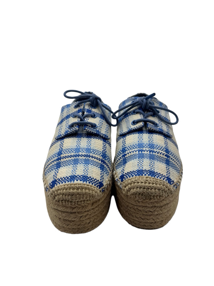 Tory Burch Blue Plaid Florence Espadrille Wedge Sandals - Women's Size 7.5 (US) Comfortable Summer Casual Shoes for Beach, Vacation & Everyday Wear