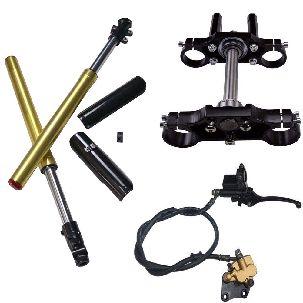 45mm/48mm Front Hydraulic Forks Shocks with Triple Tree Handlebar Riser Clamp & Brake Caliper for Dirt Pit Bike - Perfect for Off-Road Racing, Trail Riding & Motocross Adventures