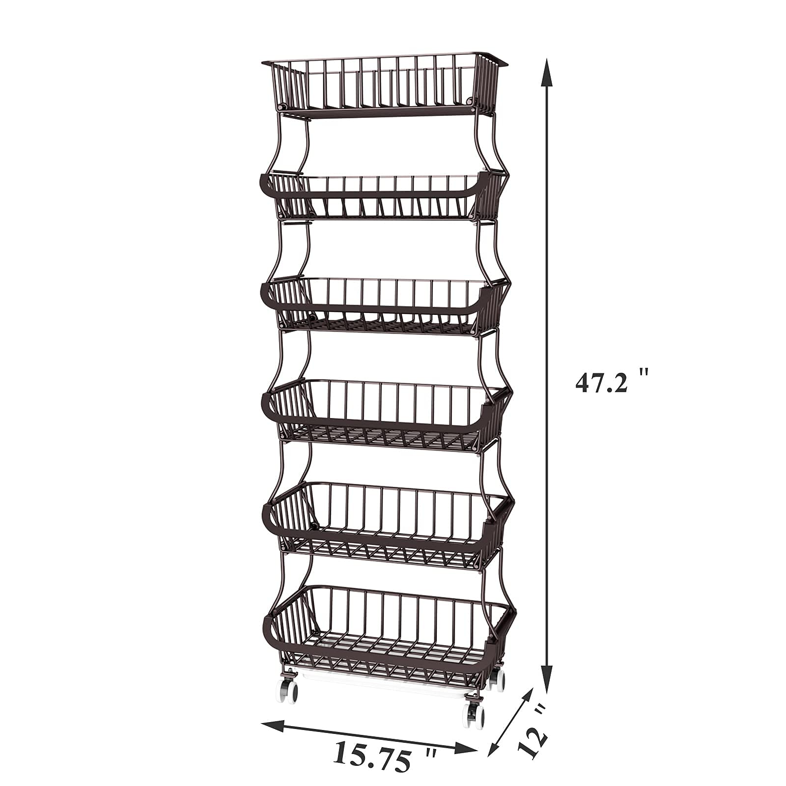 Apsan 6-Tier Metal Wire Fruit and Vegetable Storage Basket with Wheels - Kitchen Organizer for Onions, Potatoes, and Produce - Bronze Finish for Pantry, Grocery Store, or Home Kitchen Use