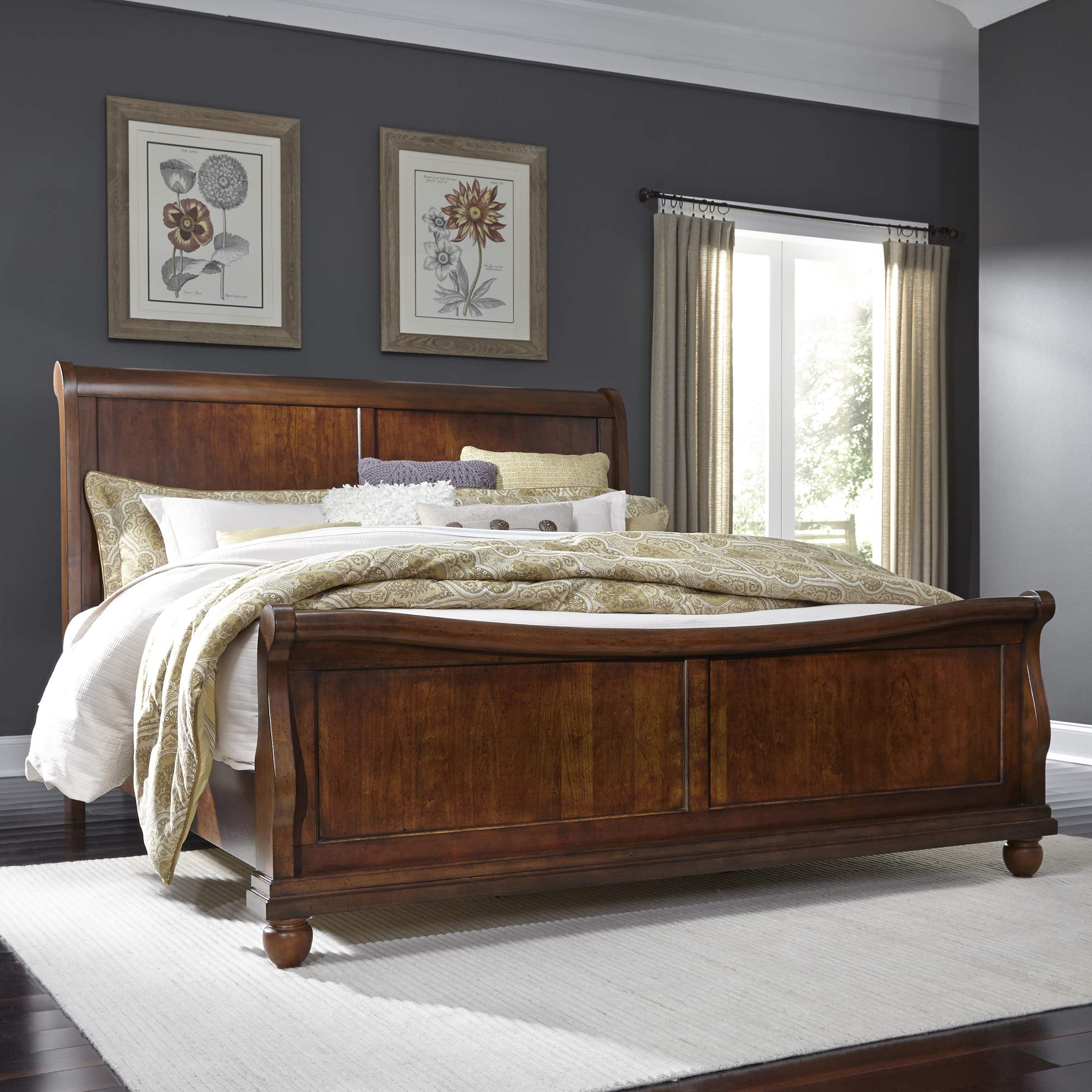 Liberty Furniture Industries Rustic Traditions Queen Sleigh Bed in Cherry Finish - Perfect for Farmhouse & Traditional Bedroom Decor