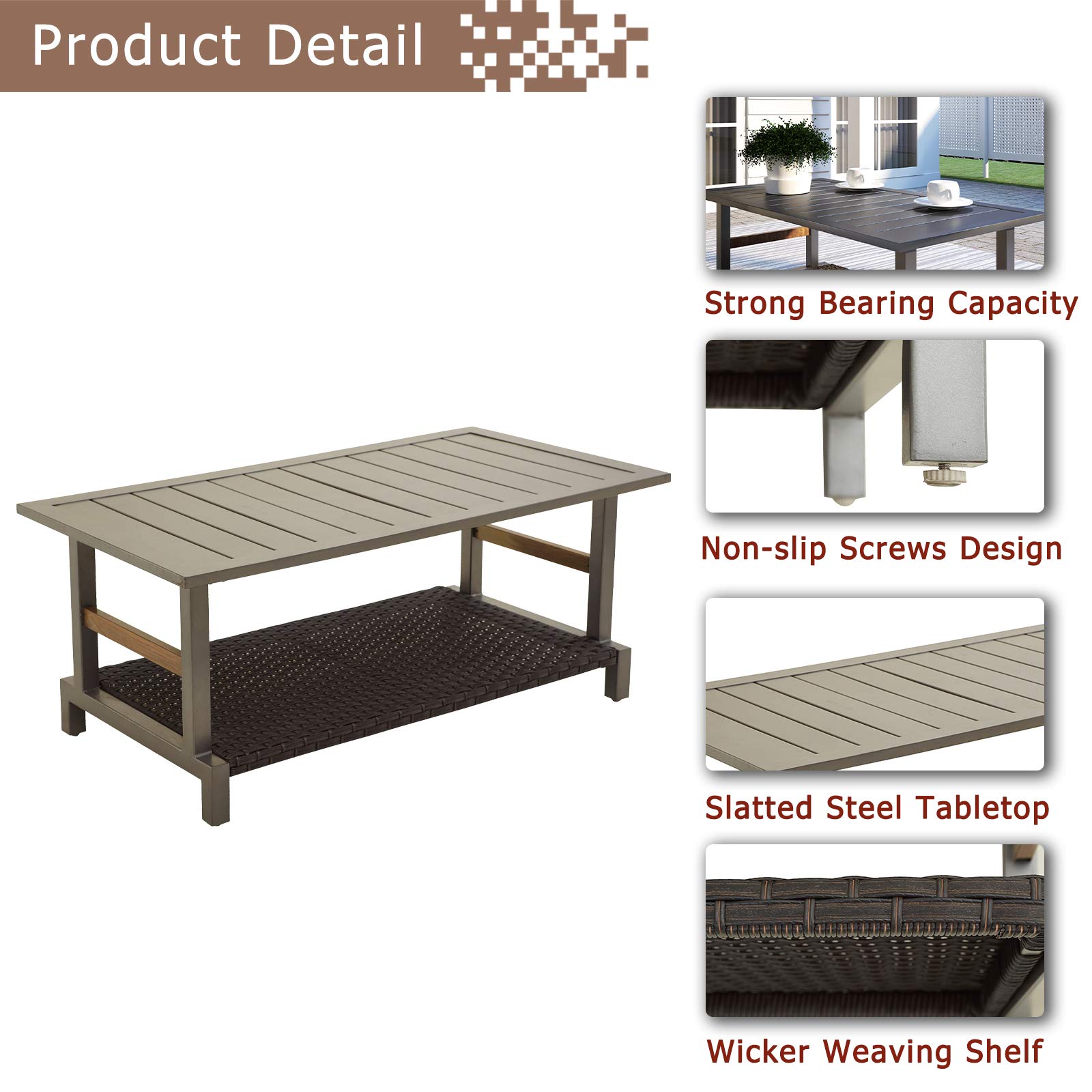 Festival Depot 4-Piece Outdoor Patio Conversation Set - Wicker Rattan Loveseat & Chairs with Thick Cushions + Metal Frame Coffee Table - Grey Garden Furniture for Deck, Backyard & Poolside Relaxation