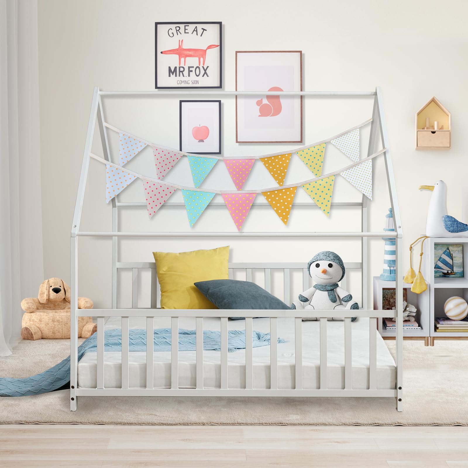 Twin Size Wooden Montessori Floor Bed Frame with Roof - Kids House Bed for Boys and Girls in White | Perfect for Montessori Bedrooms, Playrooms & Cozy Sleep Spaces