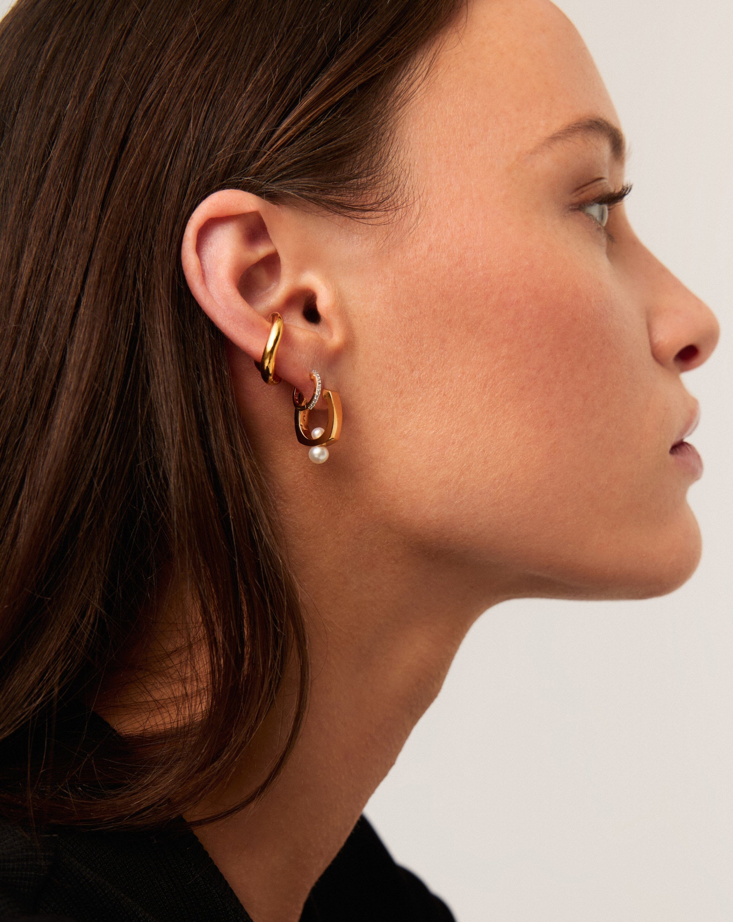 18k Gold Plated Button Pearl Square Small Hoop Earrings for Women - Elegant Minimalist Dainty Jewelry for Everyday Wear, Office, Date Night & Special Occasions