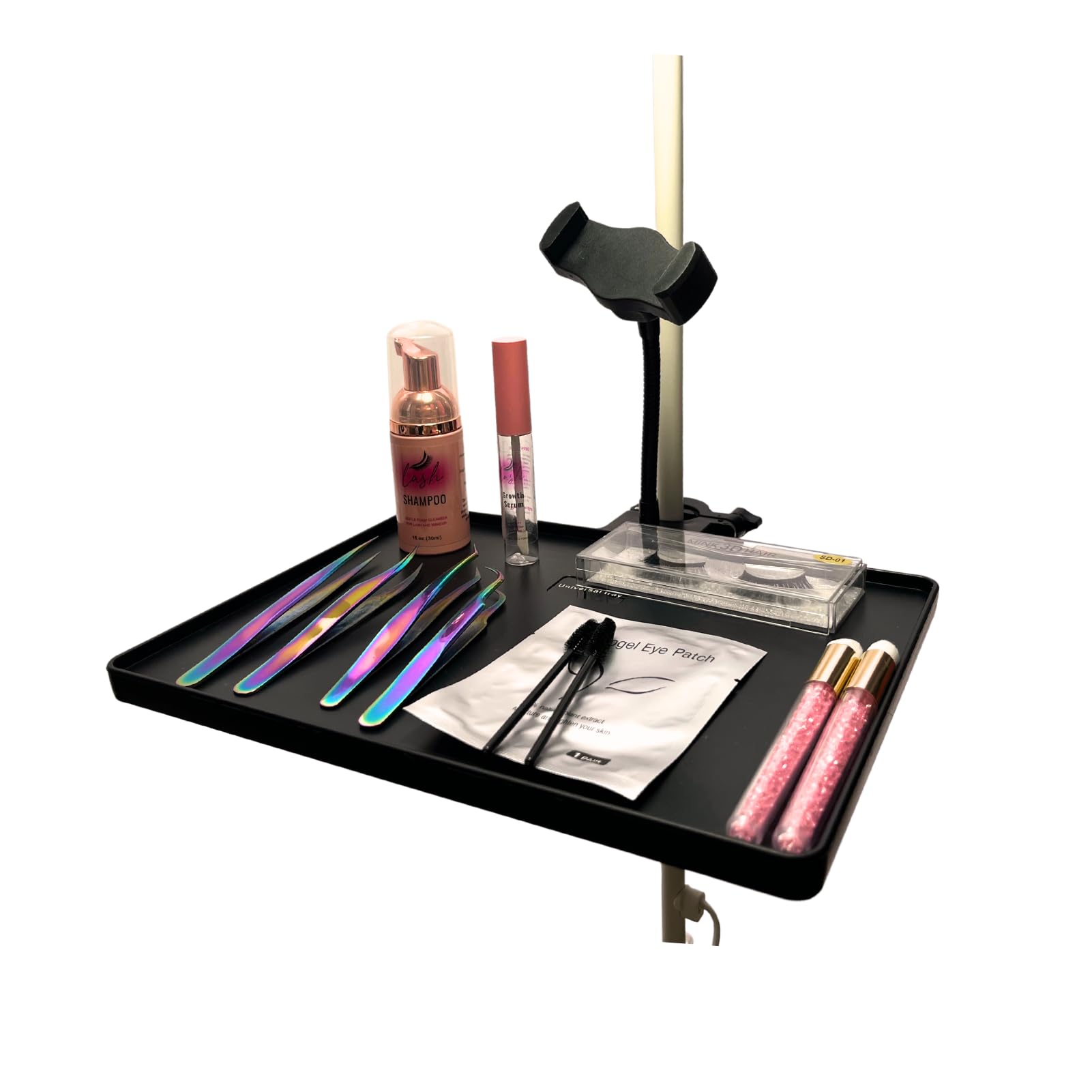 Professional Lash Tray Holder with Ring Light Clip & Phone Mount - Perfect Organizer for Eyelash Extension Tech Supplies - Ideal for Salon, Home Studio & Mobile Lash Artists