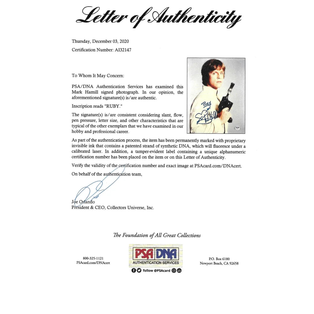 Mark Hamill Autographed 8x10 Photo with PSA COA - Star Wars Luke Skywalker Signed Memorabilia for Collectors & Fans - Perfect for Display in Home Theater, Man Cave or Star Wars Collection