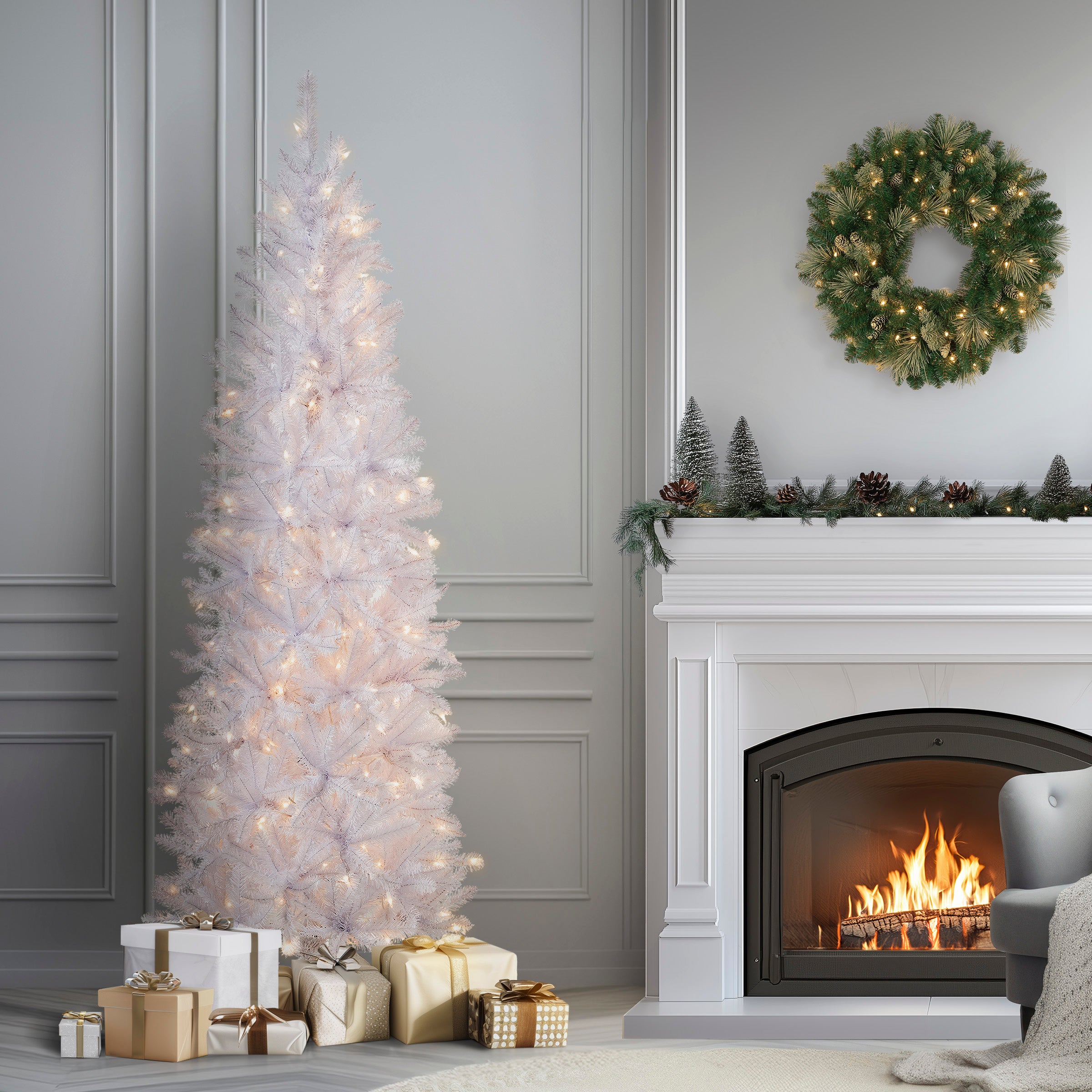 7 ft Pre-Lit Kingswood Fir White Pencil Christmas Tree with 500 Clear LED Lights - Slim Artificial Holiday Tree for Small Spaces & Apartment Decor