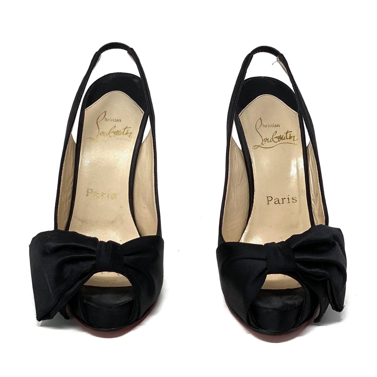 Christian Louboutin Women's Black Satin Slingback Heels Size 37 - Elegant Pointed Toe Pumps for Weddings, Parties & Evening Events