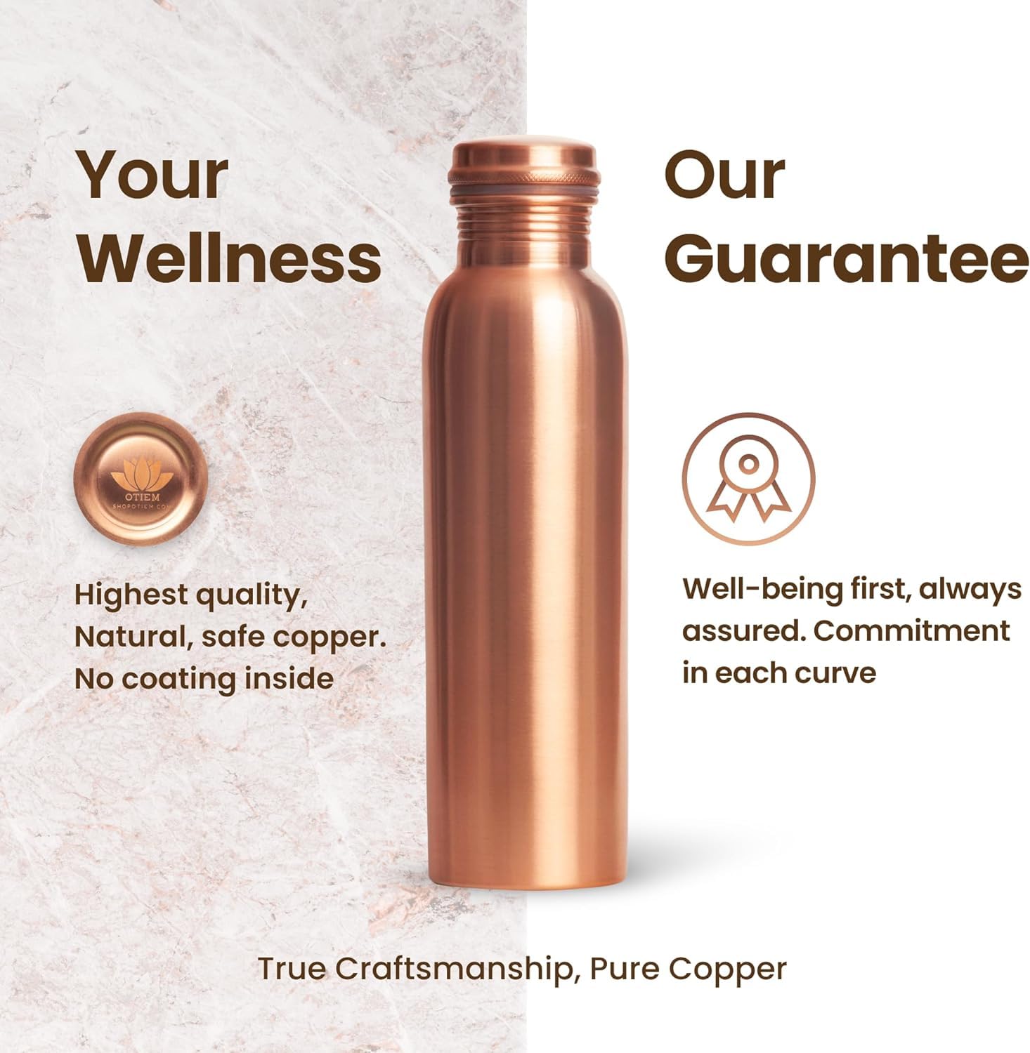 YOUONE 100% Pure Copper Water Bottle 1L (1000ml) - Leak Proof, BPA Free, Reusable for Daily Hydration, Gym, Yoga & Outdoor Activities - Pack of 1 (Copper)