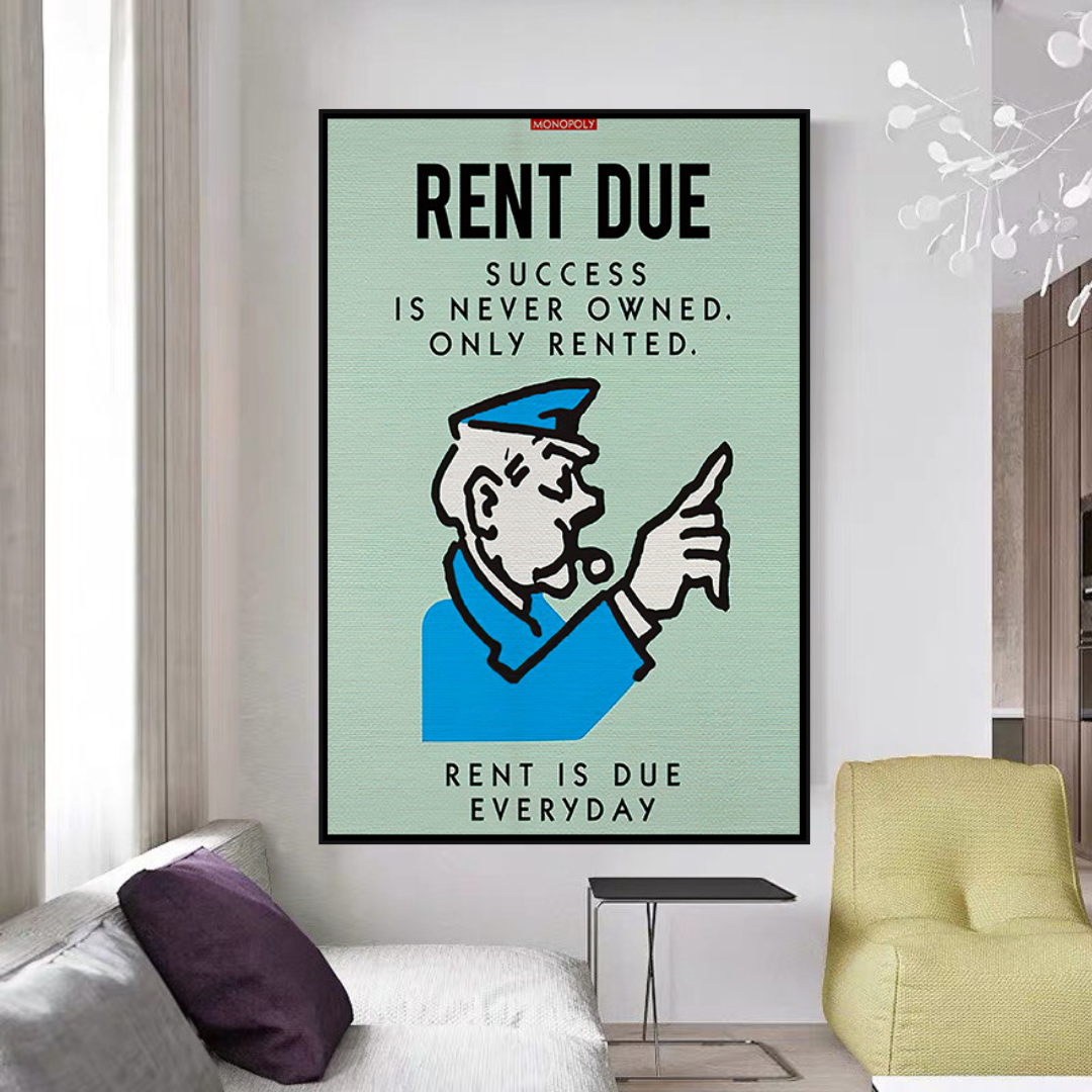 Alec Monopoly Rent Due Playing Card Canvas Wall Art - Pop Culture Home Decor for Living Room, Bedroom & Office