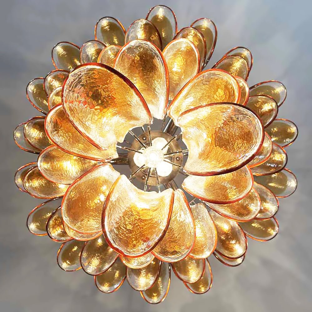 Exquisite Amber Murano Glass Petals Chandelier - Handcrafted Italian Lighting Fixture for Dining Room, Bedroom & Living Room Decor