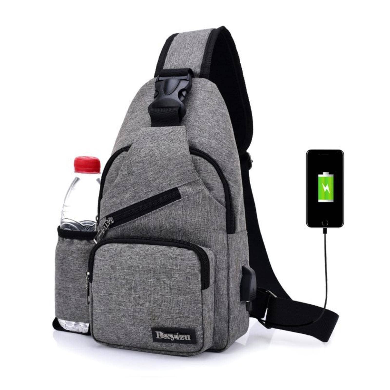 KBREE Rechargeable Men's Chest Bag - Waterproof Sports Backpack with External Bottle Pouch - Crossbody Shoulder Waist Bag for Hiking, Running, Travel & School (Ideal for Students & Outdoor Enthusiasts)