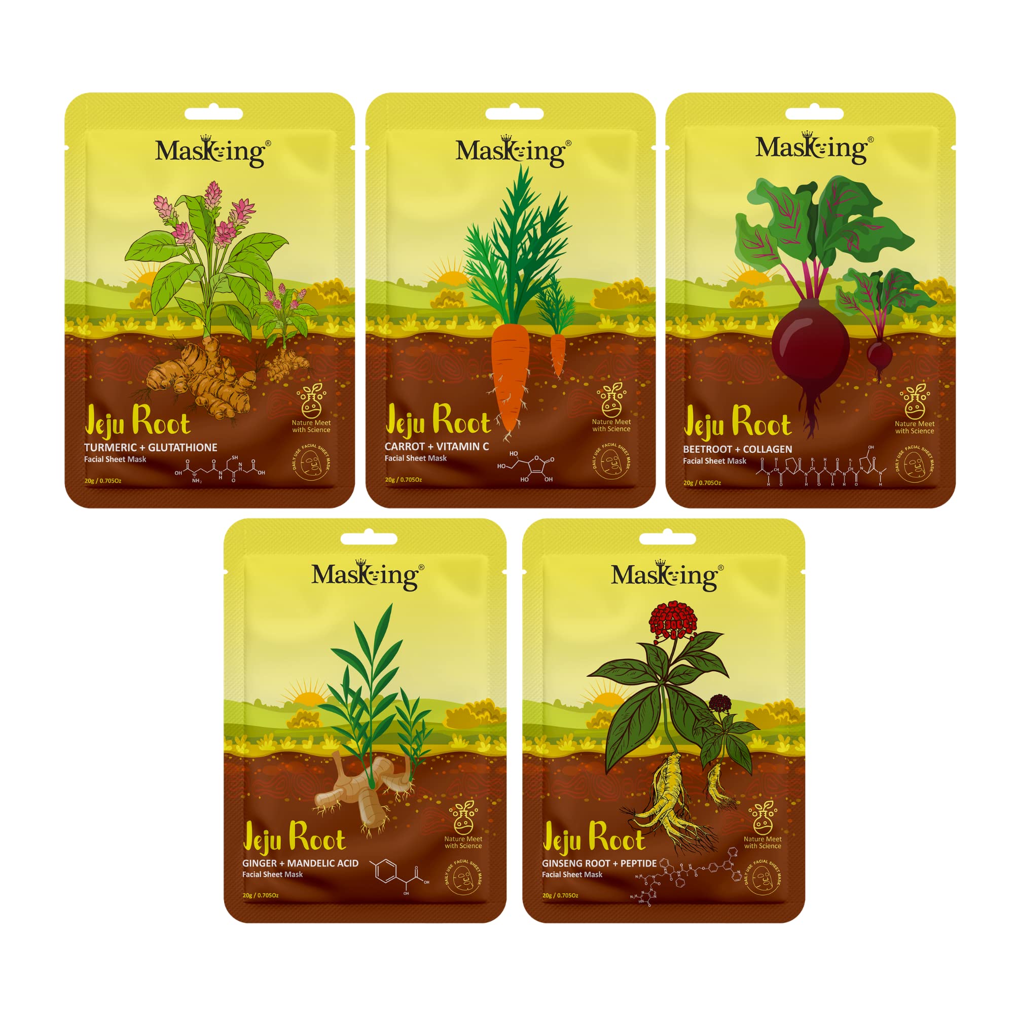 Jeju Root Face Sheet Mask for Glowing Skin - Nourishing & Brightening Mask for Women & Men - Pack of 5 - Perfect for Daily Skincare & Spa Night