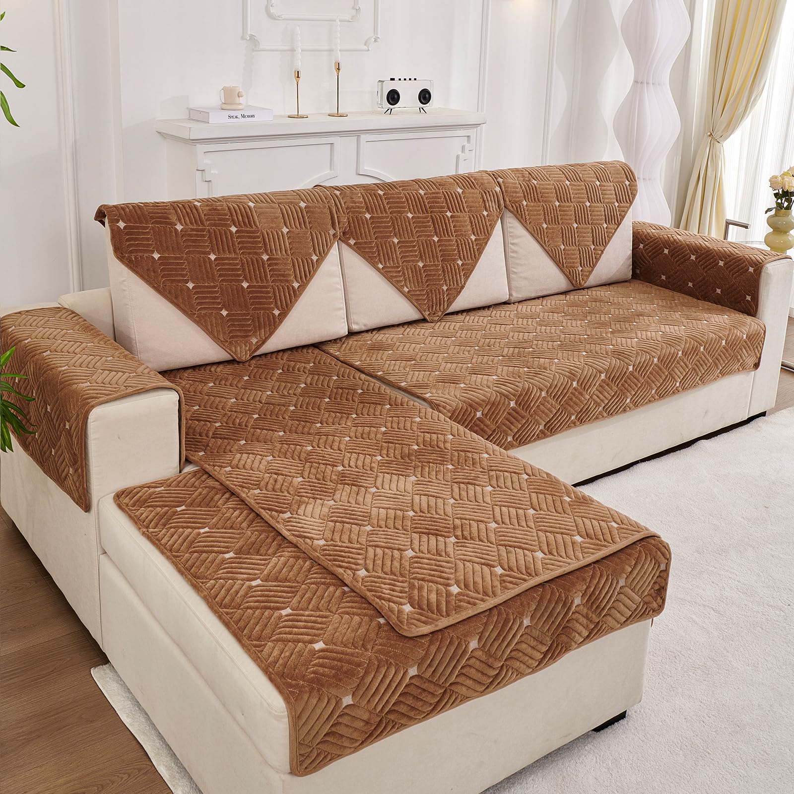TEWENE Velvet L-Shaped Armrest Couch Cover - Anti-Slip Sectional Sofa Protector for Pets (2-Piece Set, 28