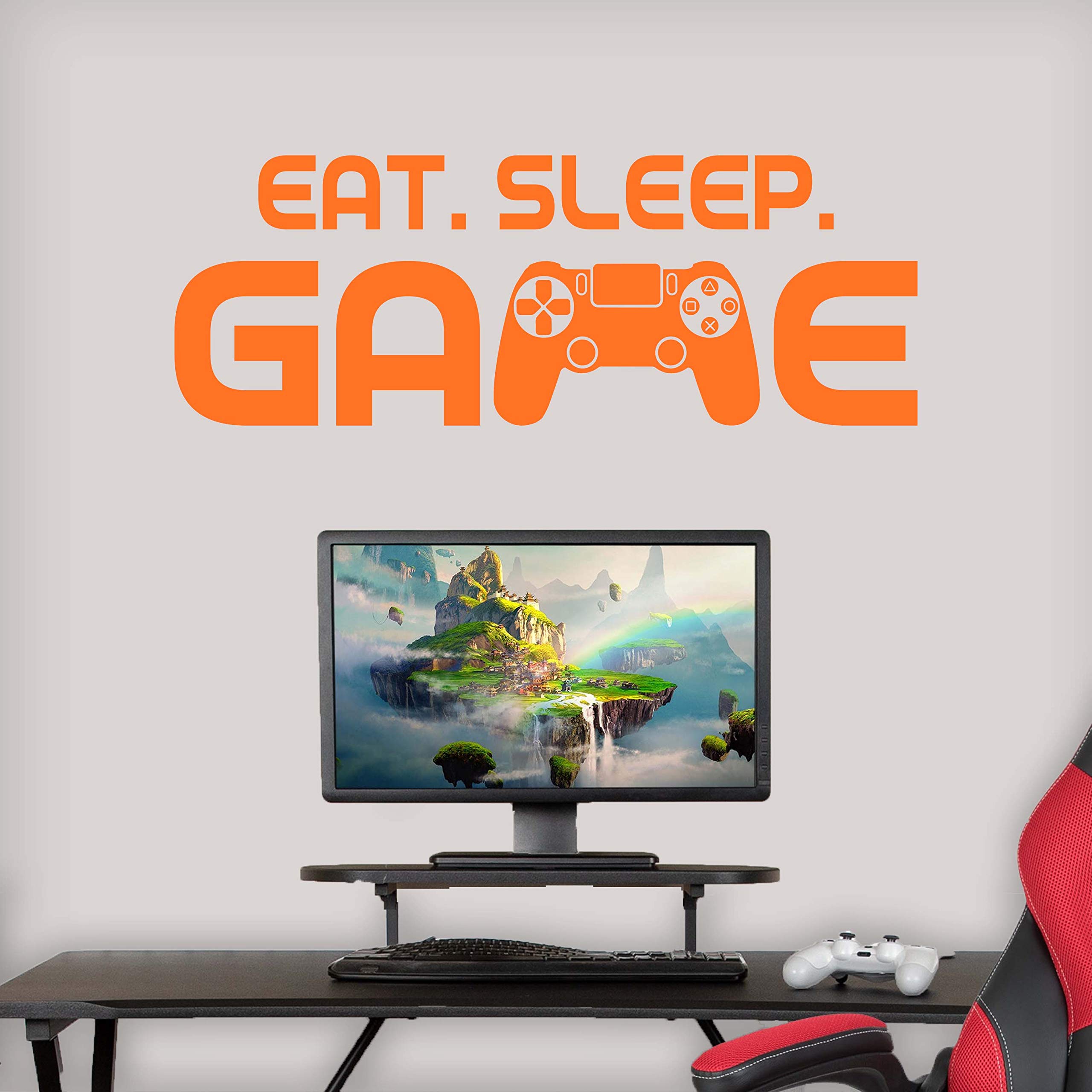 Vinyl Quote Me Eat Sleep Game Wall Decal Stickers - Boys Gaming Room Decor | Video Game Themed Wall Decals (33x12 Inches, Orange) - Perfect for Gamer Bedroom, Man Cave & Esports Setup