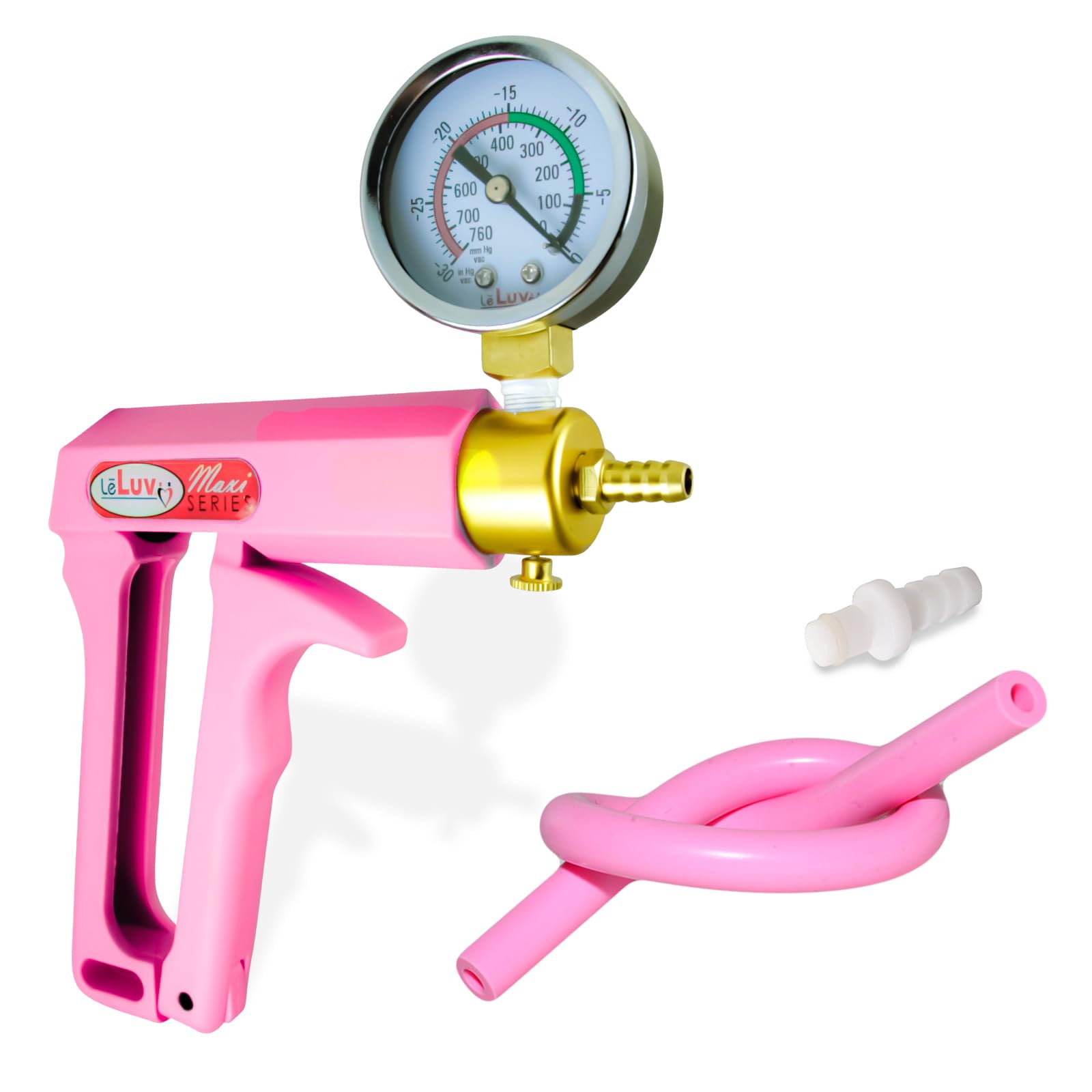 Premium LeLuv Pink Maxi Vacuum Pump with Ergonomic Handle, Built-in Gauge & Release Valve - Includes Silicone Hose & Fitting for Enhanced Comfort & Performance - Ideal for Physical Therapy, ED Treatment & Male Enhancement at Home