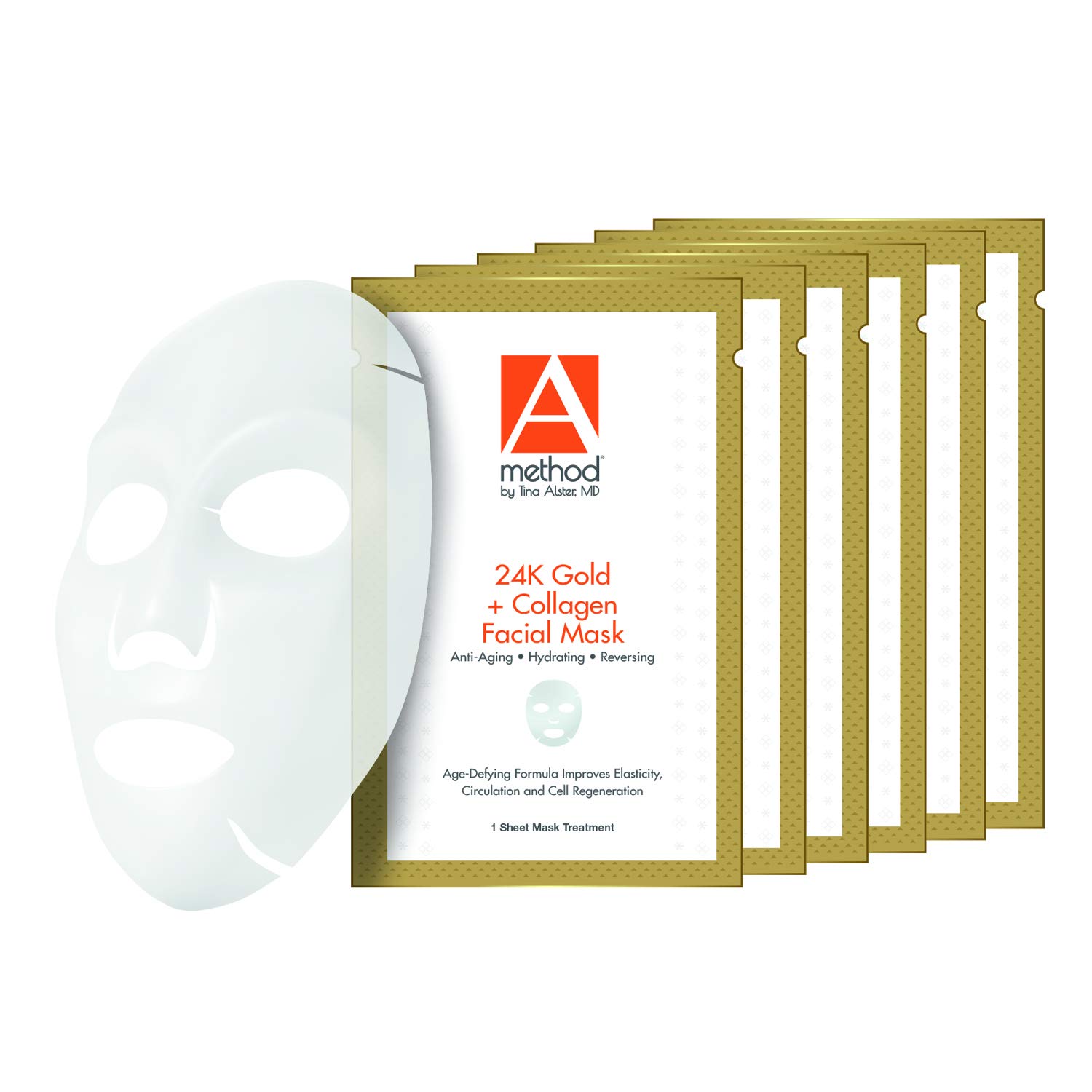 24K Gold & Collagen Facial Sheet Masks 6-Pack - Anti-Aging, Hydrating & Skin Rejuvenating Treatment by Dermatologist Dr. Tina Alster | Perfect for Spa Nights, Self-Care Routines & Special Occasions