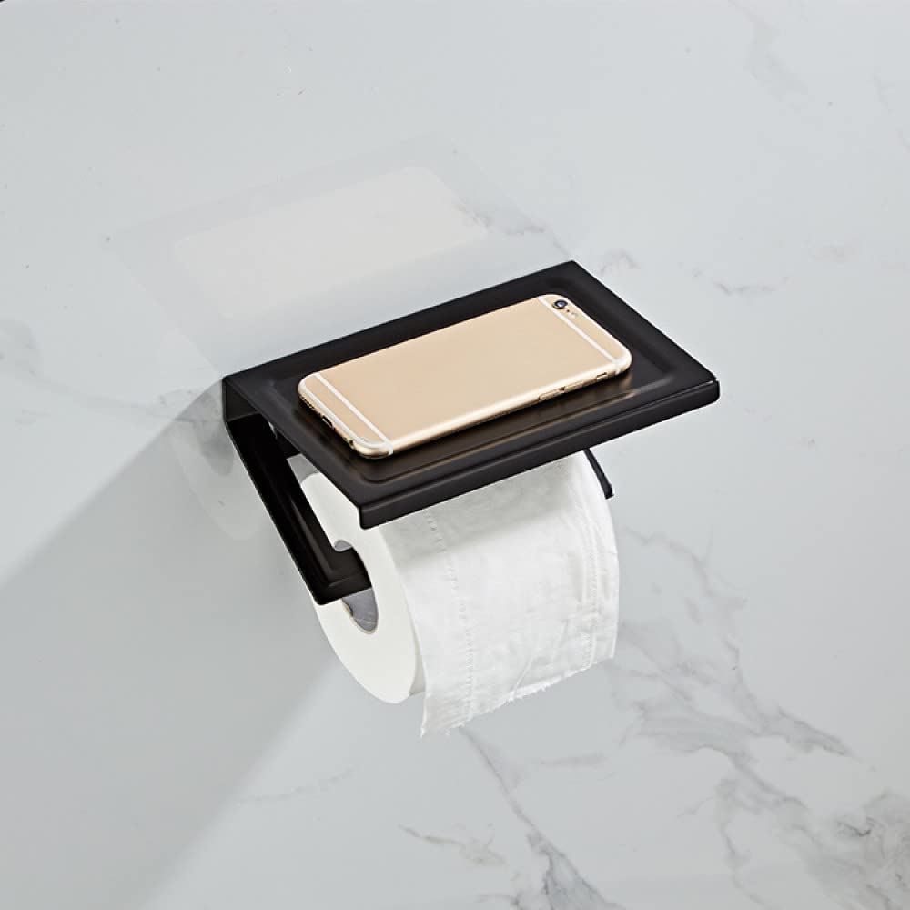 White Space-Saving Wall Mounted Aluminum Toilet Paper Holder with Shelf & Phone Stand - Bathroom Hardware Set for Modern & Antique Decor (Black) - Perfect for Small Bathrooms, Powder Rooms & RVs