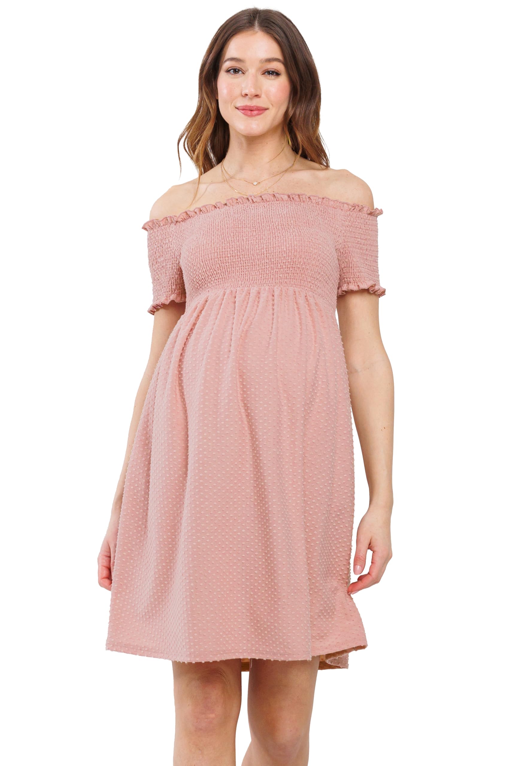 Women's Maternity Off-Shoulder Smocked Dot Dress with Pockets - Comfortable Pregnancy Clothes for Casual Outings & Baby Showers