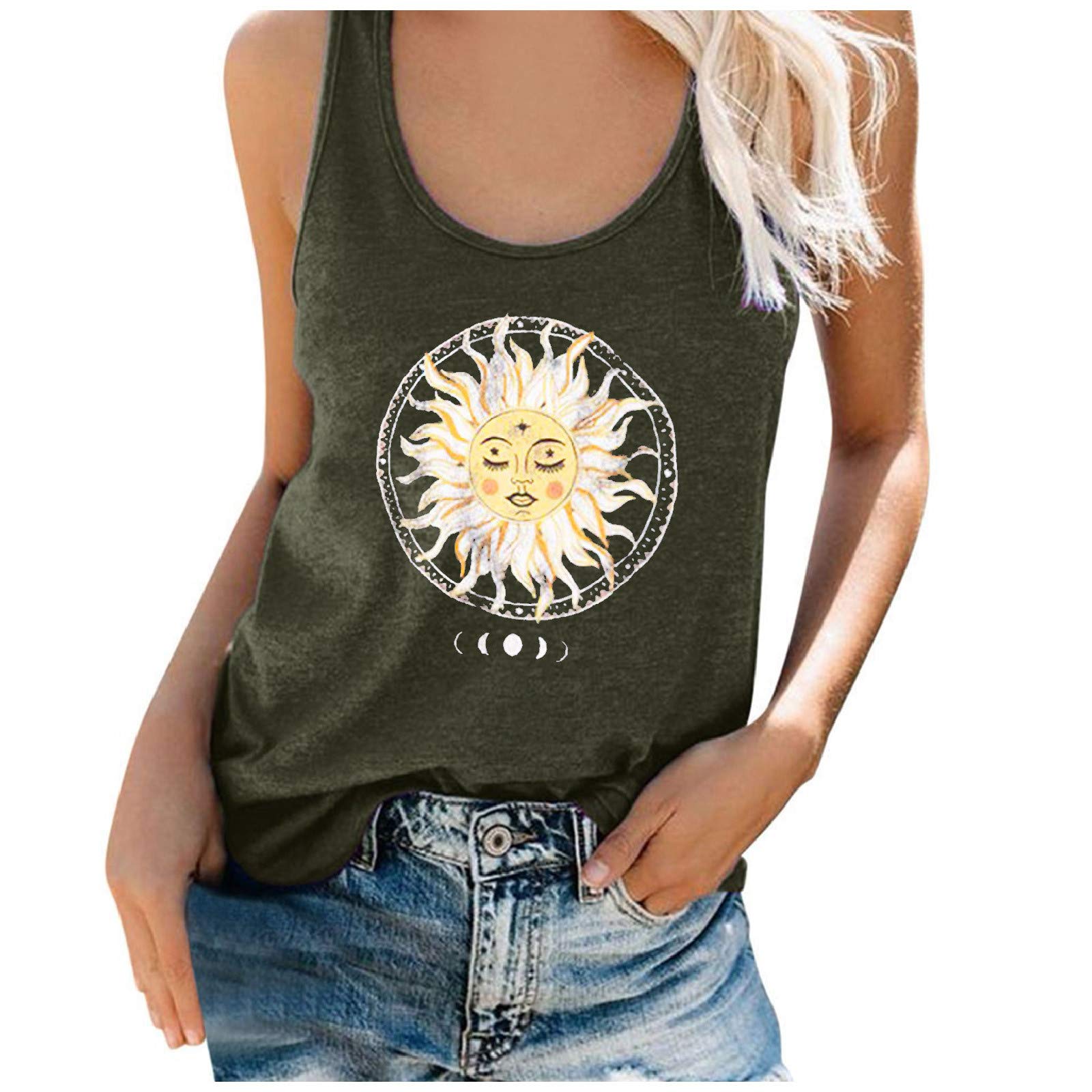 Women's Sleeveless Moon Print T-Shirt - Summer Casual Top for Outdoors