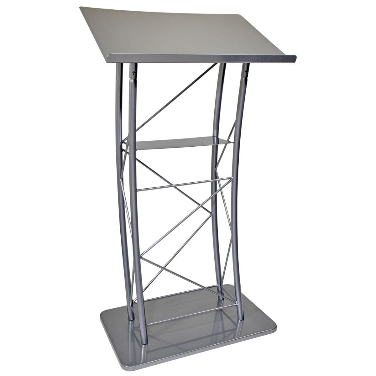 Kingdom KML2S Large Curved Lectern with Shelf - Silver Powder Coat Metal Church Pulpit, Conference Podium for Speeches, Presentations, Weddings, and Corporate Events