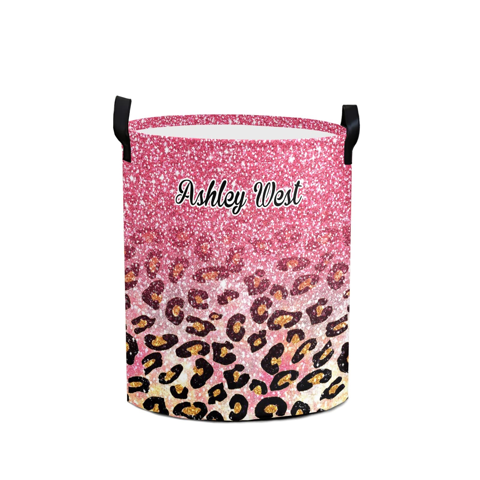 Personalized Pink Faux Glitter Leopard Laundry Basket - Custom Name Collapsible Storage Bin, Baby Shower Gift & Toys Organizer | Perfect for Nursery, Kids Room & Laundry Room Organization
