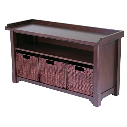 Pemberly Row Storage Bench with 3 Wired Baskets in Antique Walnut - Entryway Organizer, Shoe Storage, Living Room Decor, Mudroom Furniture for Home Entry Organization