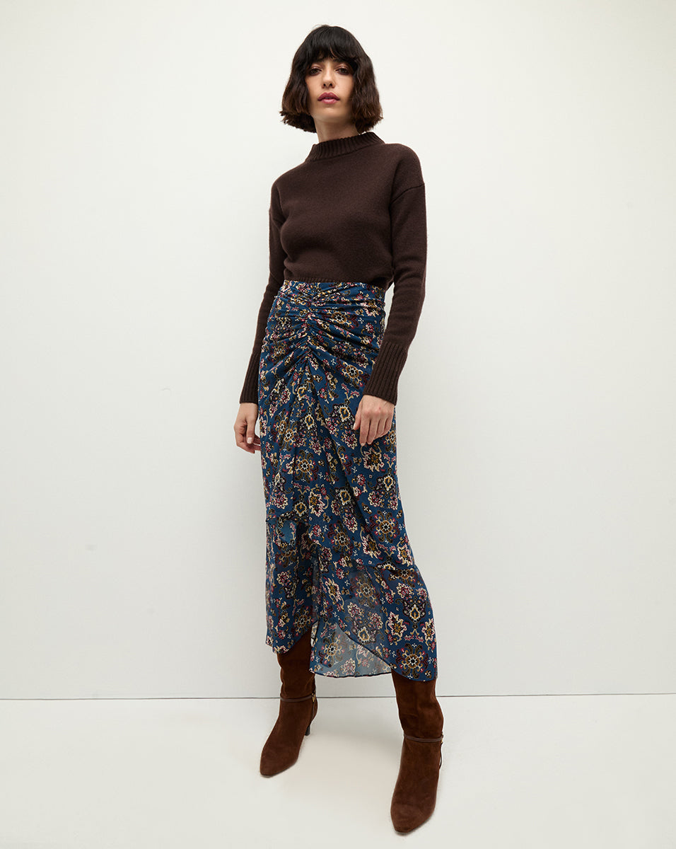 Sira Ruched Silk Skirt for Women - Elegant High Waist Flowy Midi Skirt with Side Slit | Perfect for Weddings, Parties & Date Nights