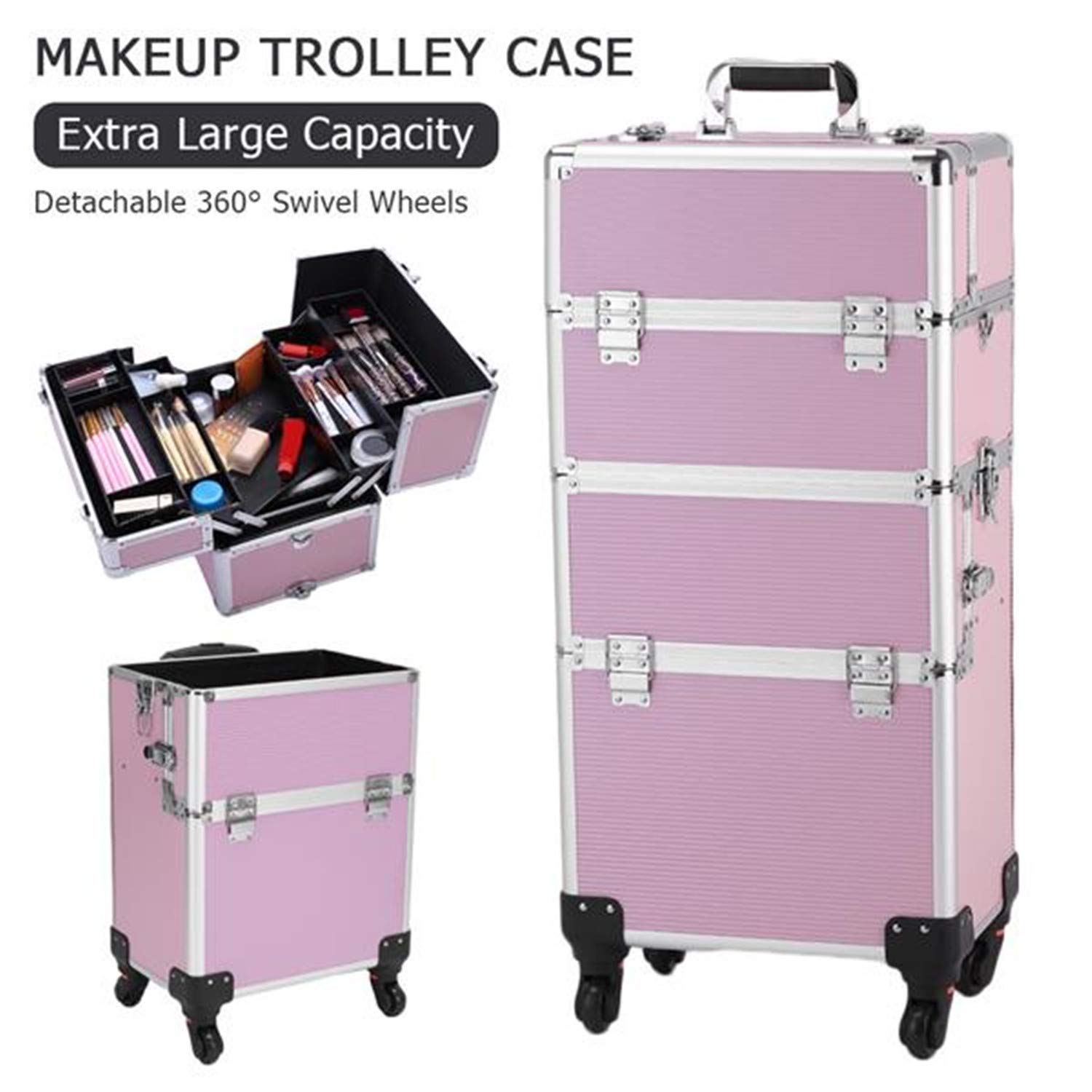 Professional 3-in-1 Aluminum Rolling Makeup Case - Cosmetic Organizer with 4 Detachable Wheels, Pink Trolley Train Case for Artists & Tattoo Professionals | Perfect for Salon, Travel & Mobile Beauty Services