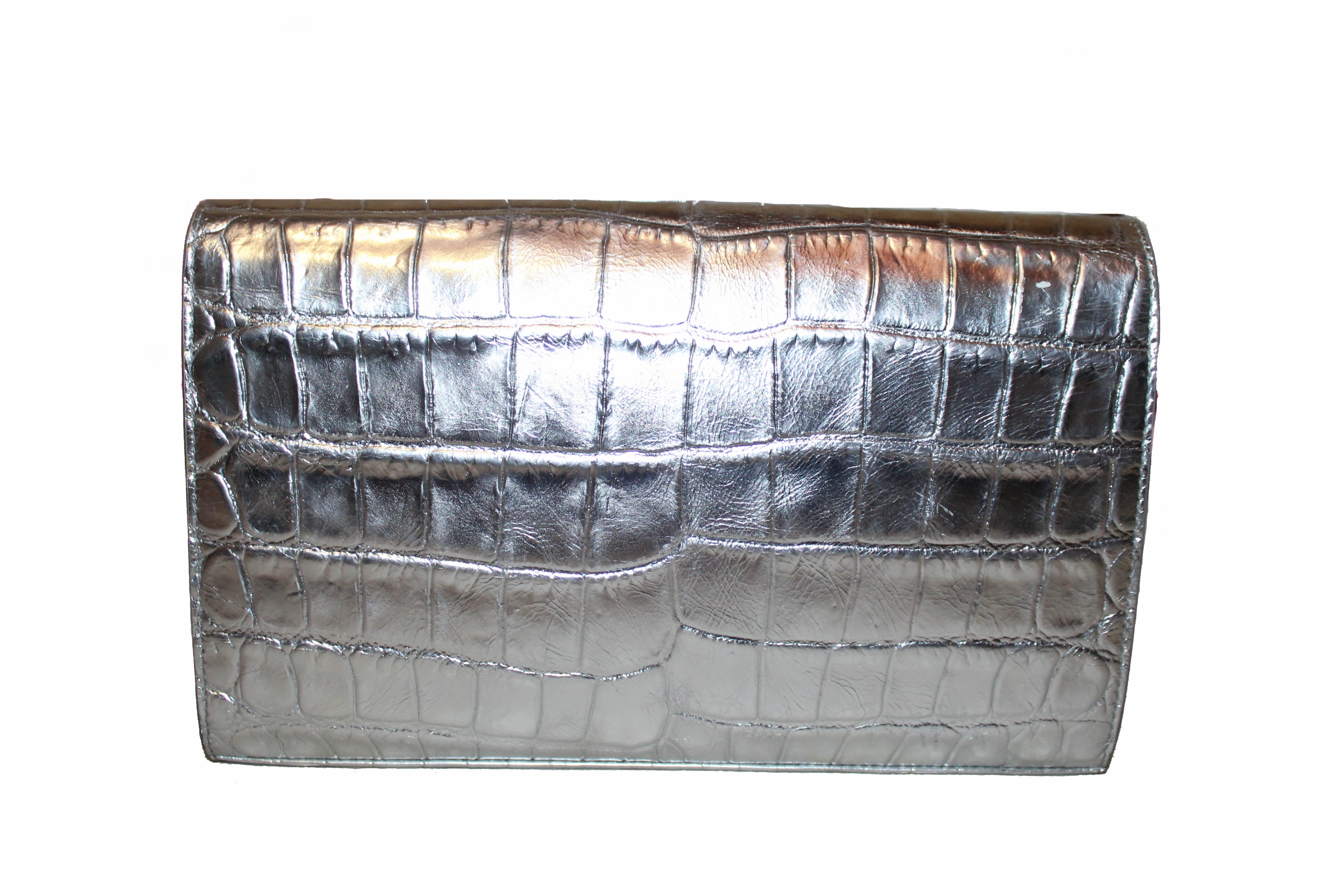 Authentic YSL Shiny Silver Crocodile Embossed Wallet On Chain Clutch Bag for Women | Luxury Designer Crossbody Purse for Evening Parties & Special Occasions