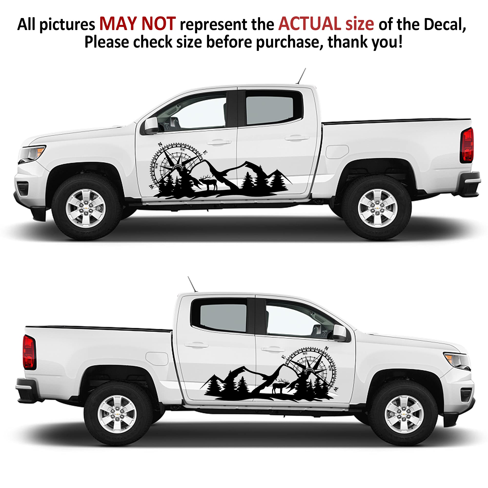 Mountain Car Vinyl Sticker - 55x21 Inch Compass Forest Graphic Decal for Car & Truck, Universal Scratch Hidden Design, Black - Perfect for Outdoor Adventures & Road Trips
