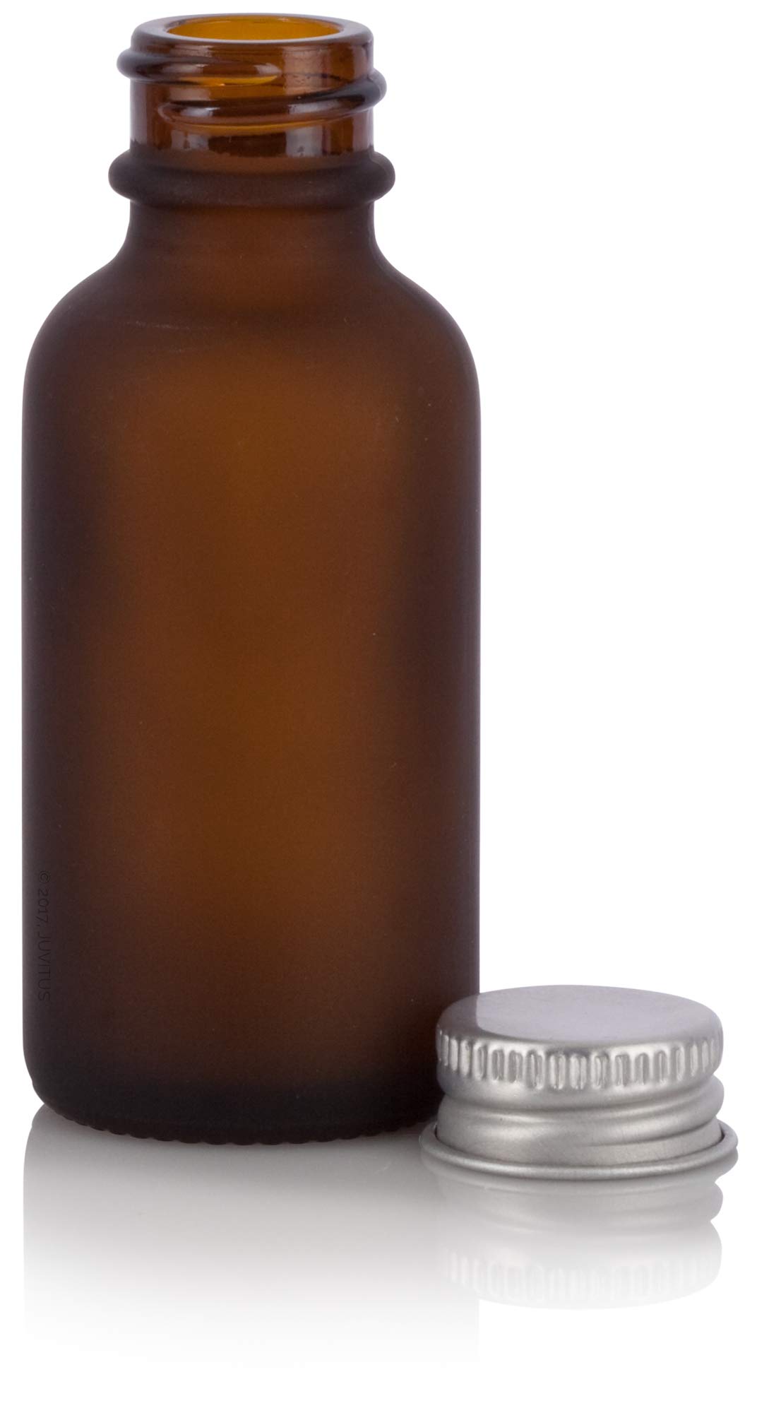 JUVITUS 1 oz Frosted Amber Glass Boston Round Bottles with Silver Metal Screw Caps (12-Pack) + Bonus Funnel - Essential Oil, Perfume & DIY Craft Storage Solution - Perfect for Aromatherapy, Travel & Home Organization