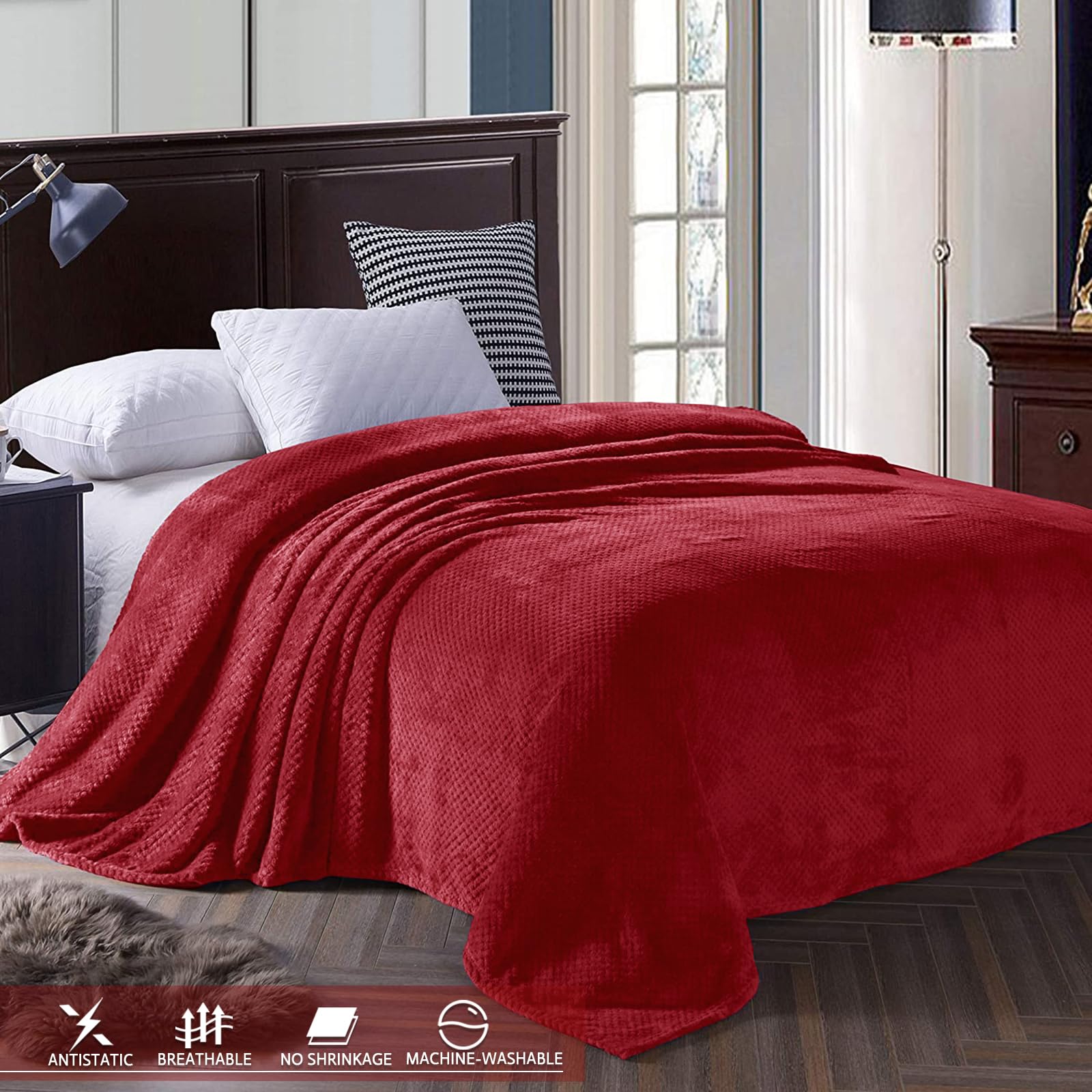 Premium Fleece Blend Queen Size Bed Blanket - Ultra Soft & Warm Waffle Textured Blanket for Couch, Sofa & Bed - Cozy, Lightweight & Fuzzy Throw (90x90 Inches, Deep Red) - Perfect for Winter Nights, Movie Time & Home Decor