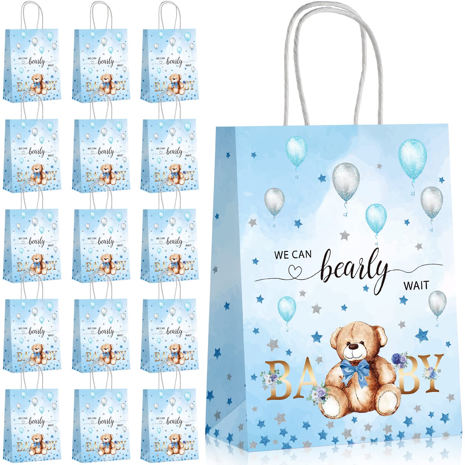 16 Pack Bear-Themed Baby Shower Gift Bags with Handles - Cute We Can Bearly Wait Paper Party Favor Bags for Kids Birthday & Baby Shower Supplies - Perfect for Goodie Bags, Party Decorations and Baby Celebration Favors