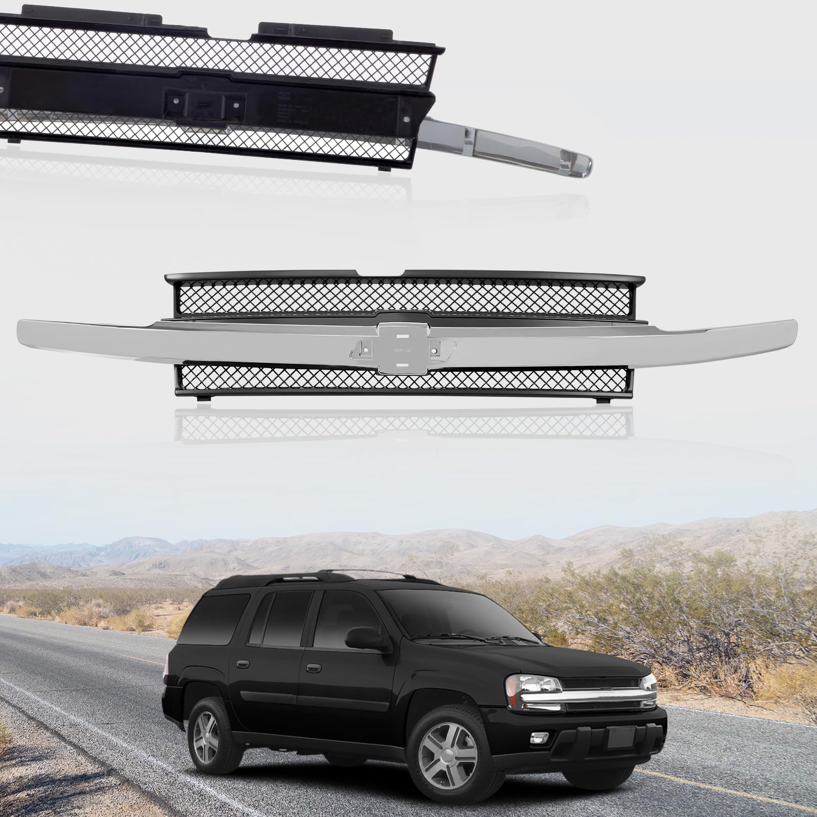 Black Mesh Front Grille Grill Assembly with Chrome Outer Bar Molding for 2002-2005 Chevrolet Trailblazer | GM1200477 10358128 Replacement | Off-Road & Custom Car Upgrade