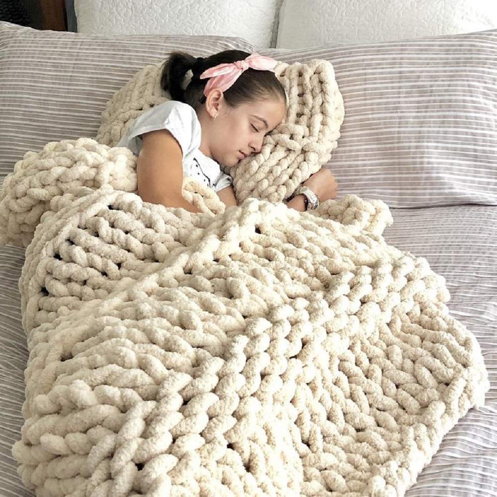Chunky Knit Blanket - Soft Cozy Giant Chenille Handwoven Throw for Sofa & Bed - Machine Washable Beige Blanket 40