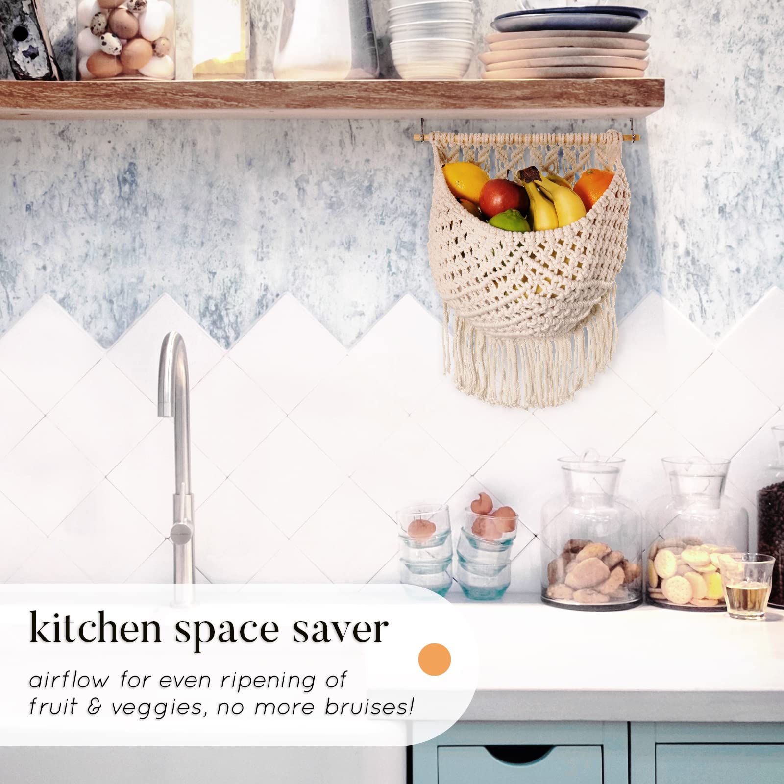 Macrame Fruit Basket - Cotton Hanging Storage for Kitchen, Under Cabinet Organizer - Boho Wall Decor for Fruits & Vegetables - Space Saving Countertop Solution - Perfect for Small Kitchens & Pantry Organization