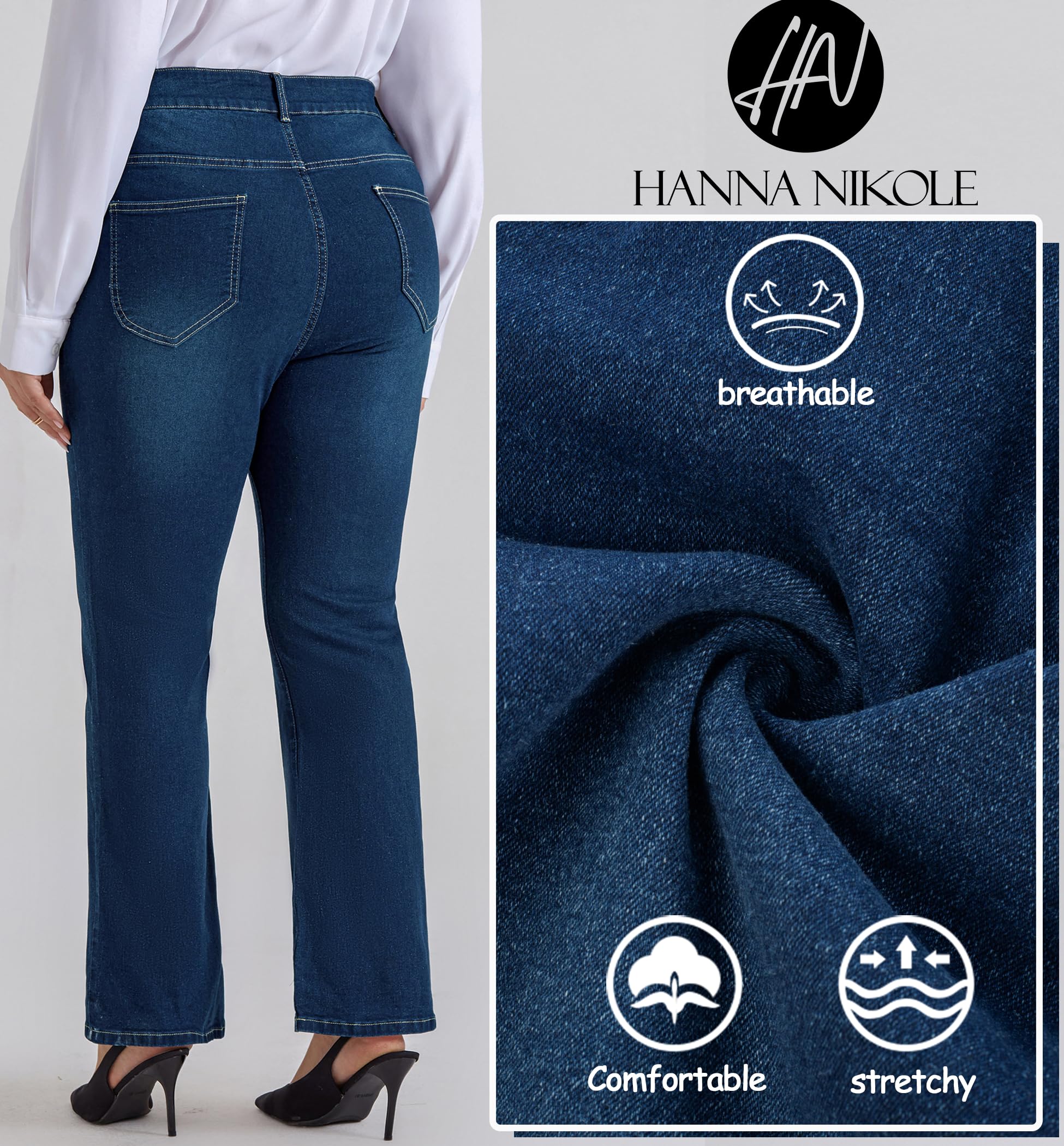 Hanna Nikole Women's Plus Size High Waisted Flared Jeans - Stretchy Bell Bottom Denim Pants with Pockets for Casual & Retro Style Outfits