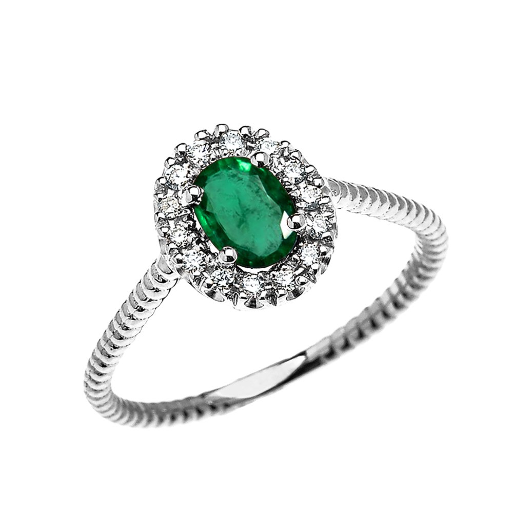 10K White Gold Oval Halo Diamond & Solitaire Emerald Rope Design Engagement Ring for Women - Elegant Promise Wedding Band for Anniversary, Proposal & Special Occasions