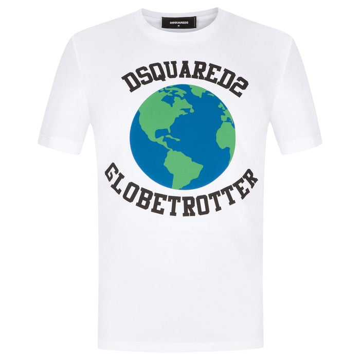 DSQUARED2 White Globe Graphic T-Shirt for Men - Trendy Streetwear Cotton Tee - Perfect for Casual Outfits, Parties & Everyday Wear