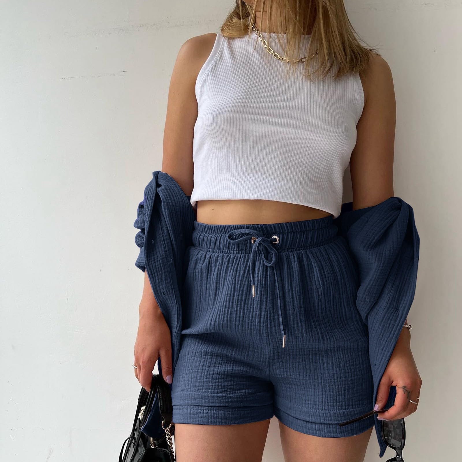 Women's Summer Two Piece Outfits - Short Sleeve Button Down Shirt & Shorts Lounge Set with Pockets | Casual Vacation Wear, Beach Day Outfits, Weekend Brunch Clothes