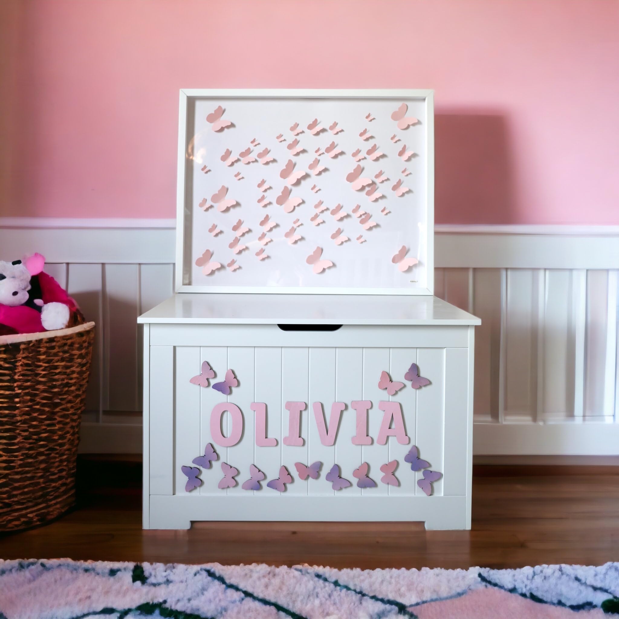 Personalized Wooden Toy Box with Butterfly Decor - Custom Kids Storage Box for Nursery, Playroom & Bedroom Organization