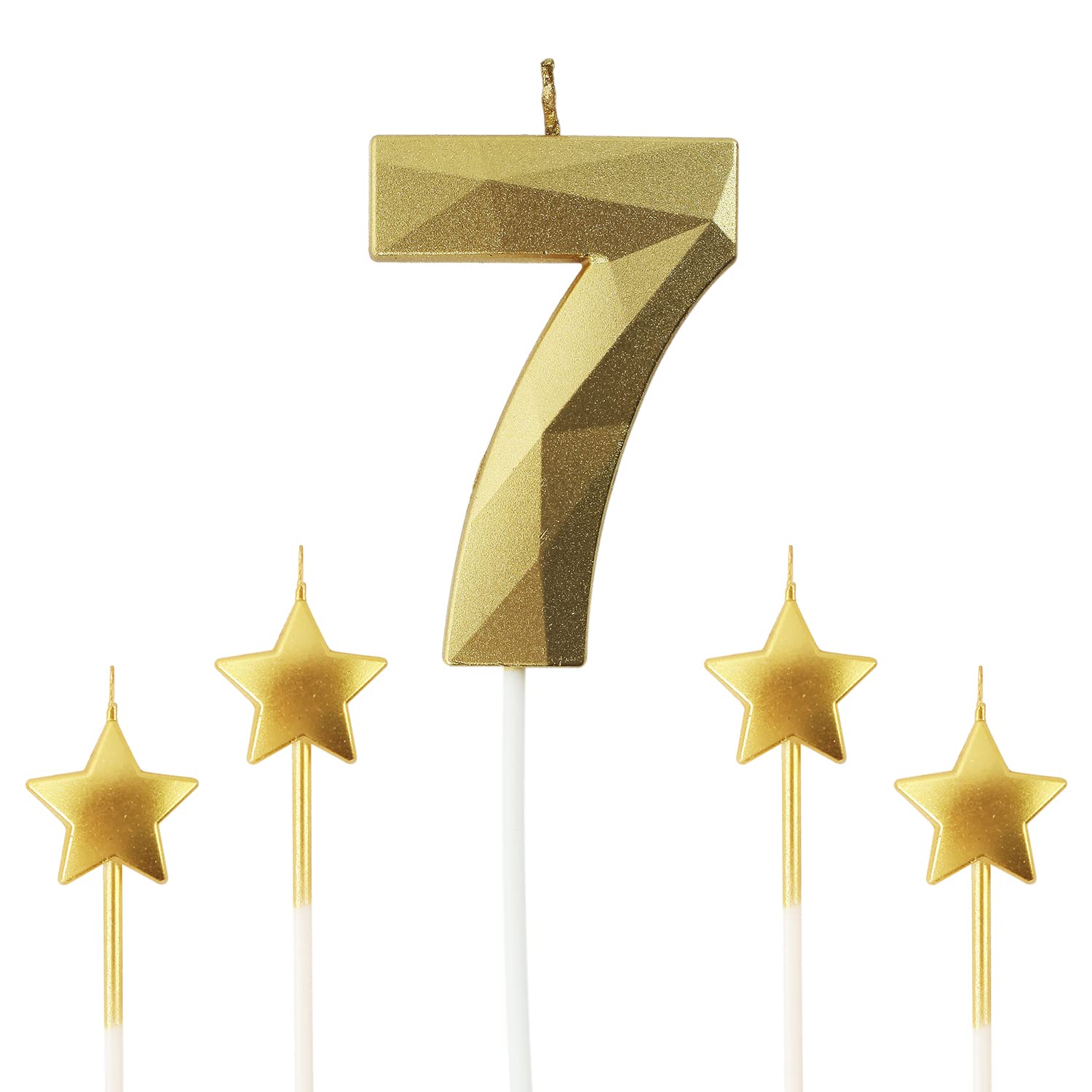 Golden Number 7 & Star Birthday Cake Candles - 2.76 Inch 3D Diamond Shaped Decorative Candles for Birthday Parties, Anniversary Cakes, and Special Celebrations (Gold)
