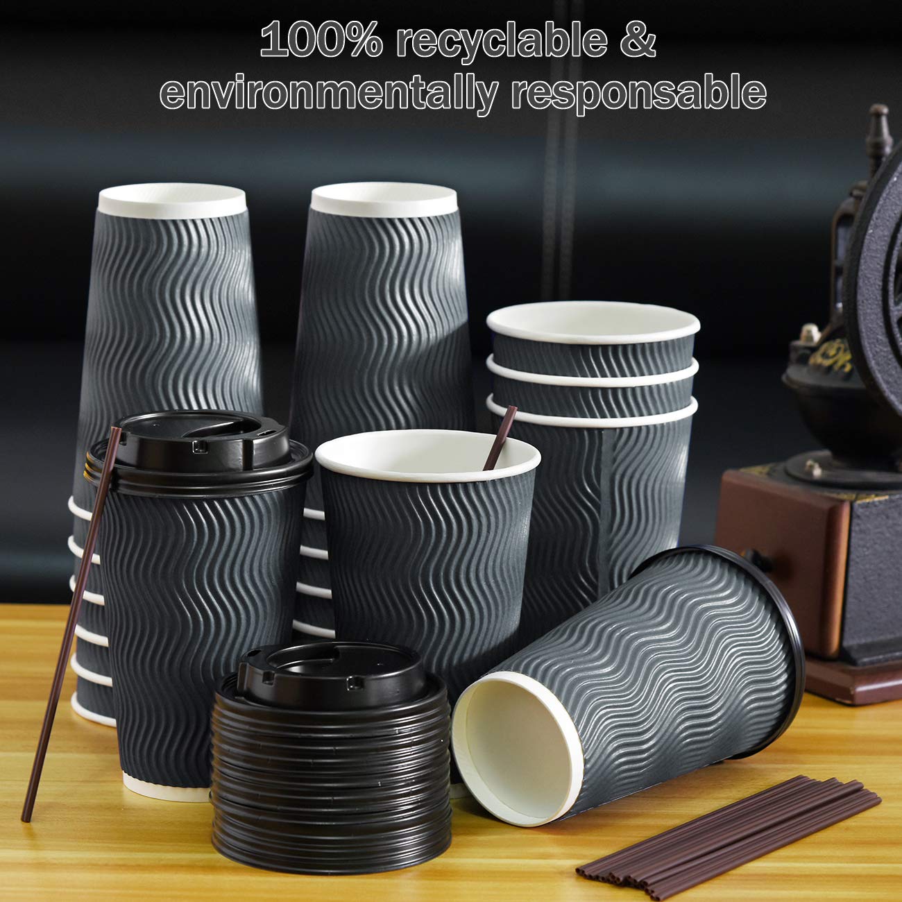 16 oz Disposable Coffee Cups with Lids and Straws - 90 Pack Insulated Paper Cups for Hot & Cold Beverages, Espresso, Tea - Reusable Ripple Design Protects Fingers from Heat - Perfect for Coffee Shops, Offices, and Takeout Drinks
