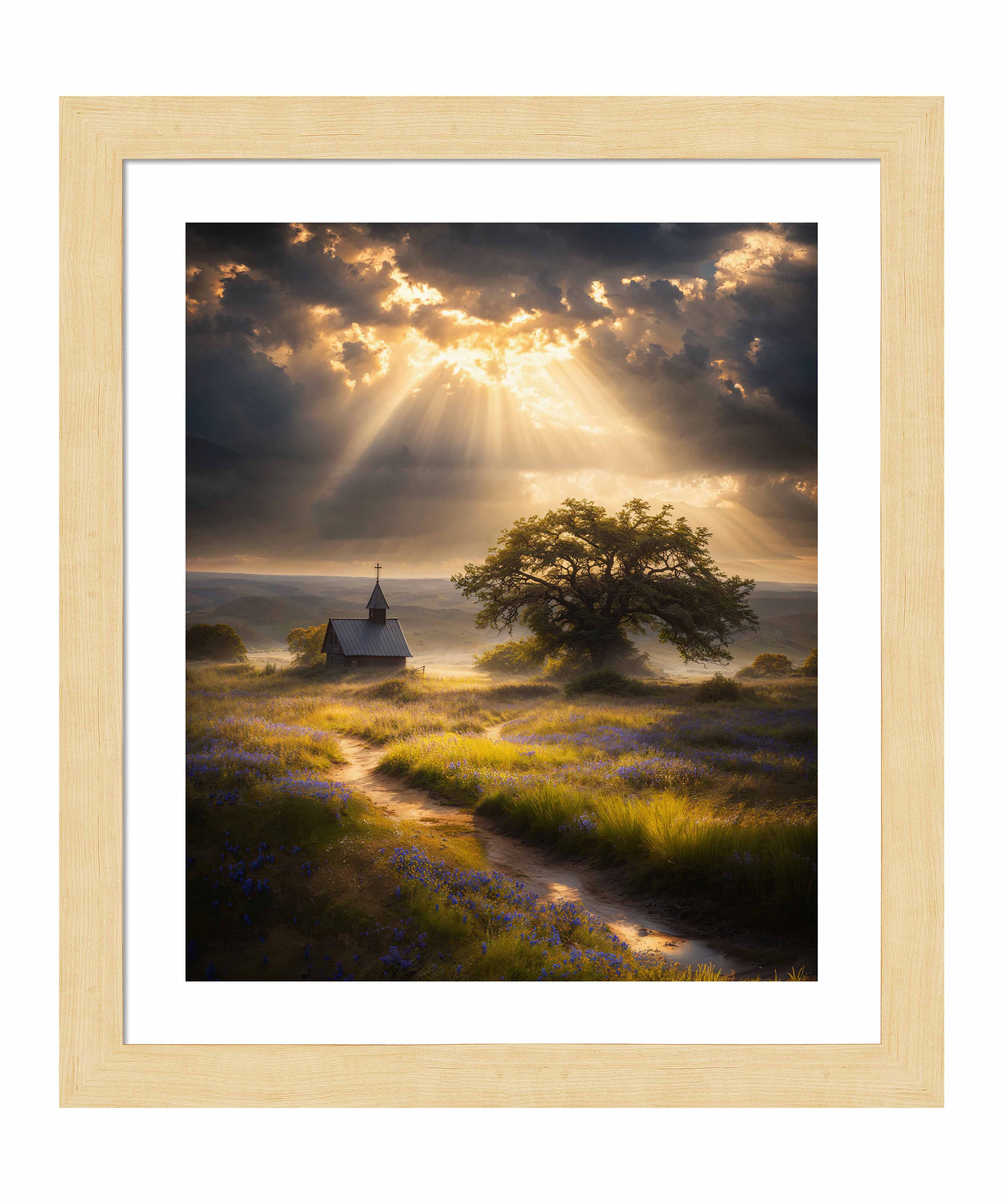 Celestial Rays Over Lone Star Landscape Art Print - Stunning Wall Decor for Living Room, Bedroom & Office