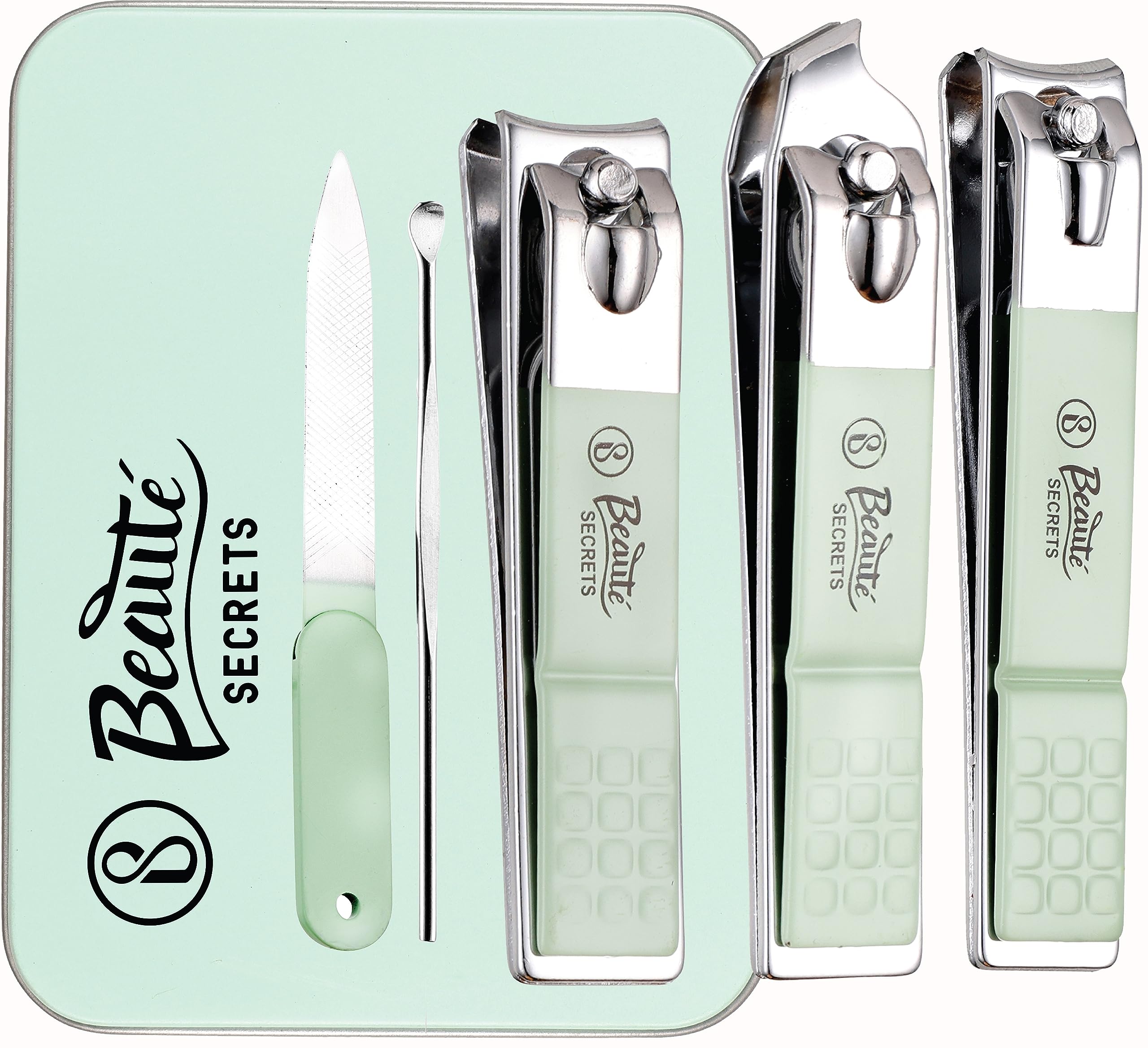 Beauté Secrets 5-Piece Nail Care Kit - Professional Stainless Steel Toenail Clippers, Fingernail Clippers, Nail File & Ear Cleaner Set in Metal Gift Box for Men & Women (Sea Green) - Perfect for Travel, Home & Salon Use